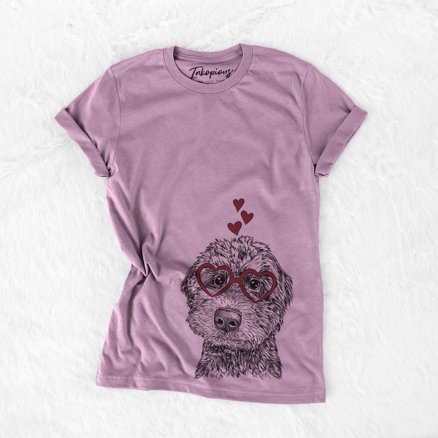 Hand-drawn sketch of Bowser the Whoodle wearing heart-shaped glasses on an Orchid Bella Canvas Unisex Crewneck