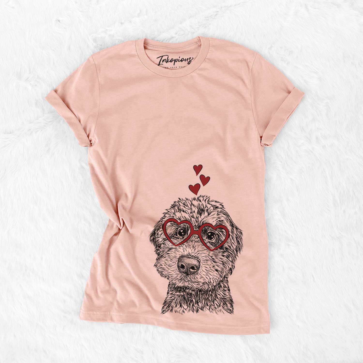 Hand-drawn sketch of Bowser the Whoodle wearing heart-shaped glasses on a Peach Bella Canvas Unisex Crewneck