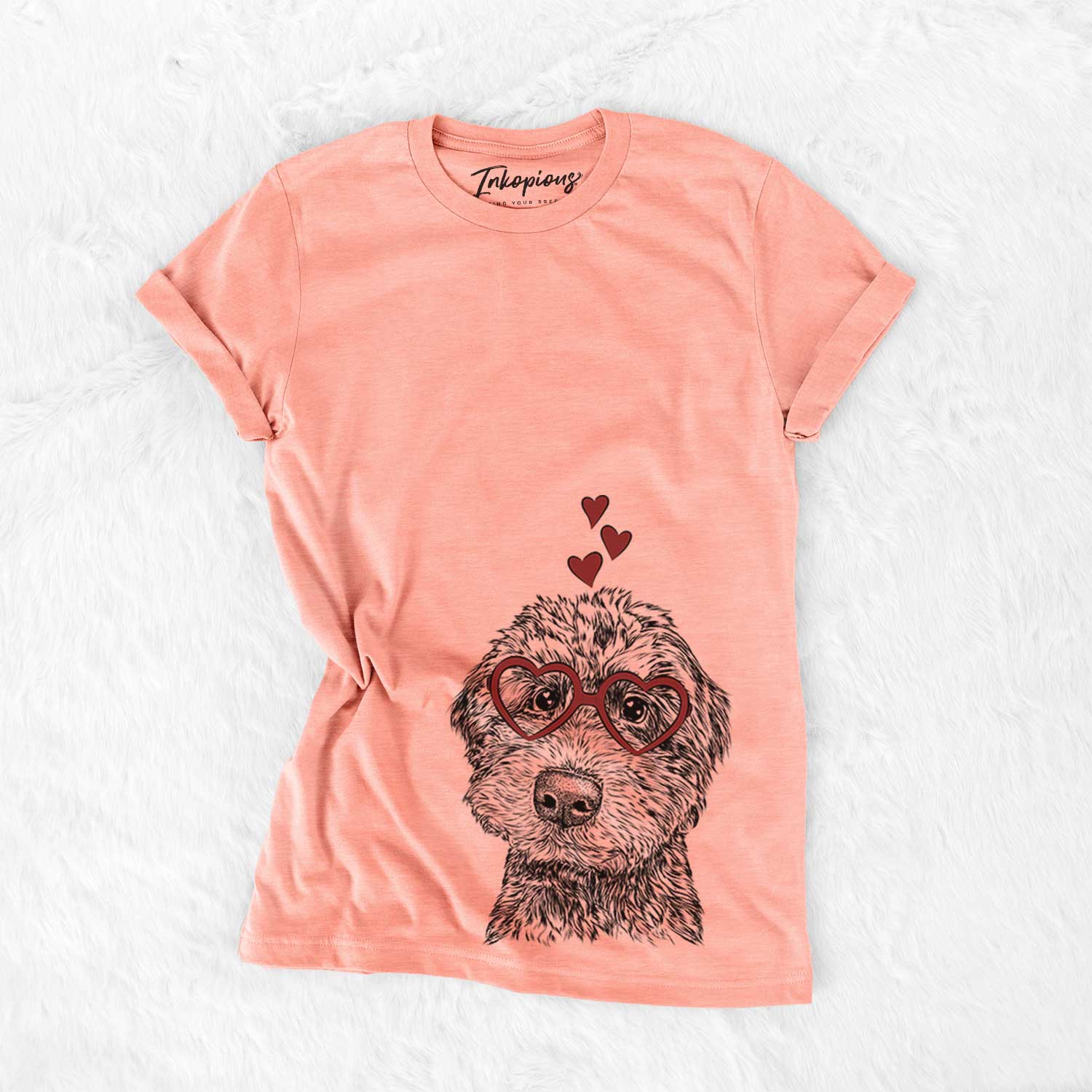 Hand-drawn sketch of Bowser the Whoodle wearing heart-shaped glasses on a Sunset Bella Canvas Unisex Crewneck