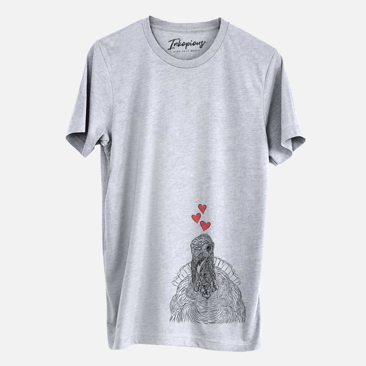 Hand-drawn sketch of Brady the Turkey wearing heart-shaped glasses on a Grey Unisex crewneck