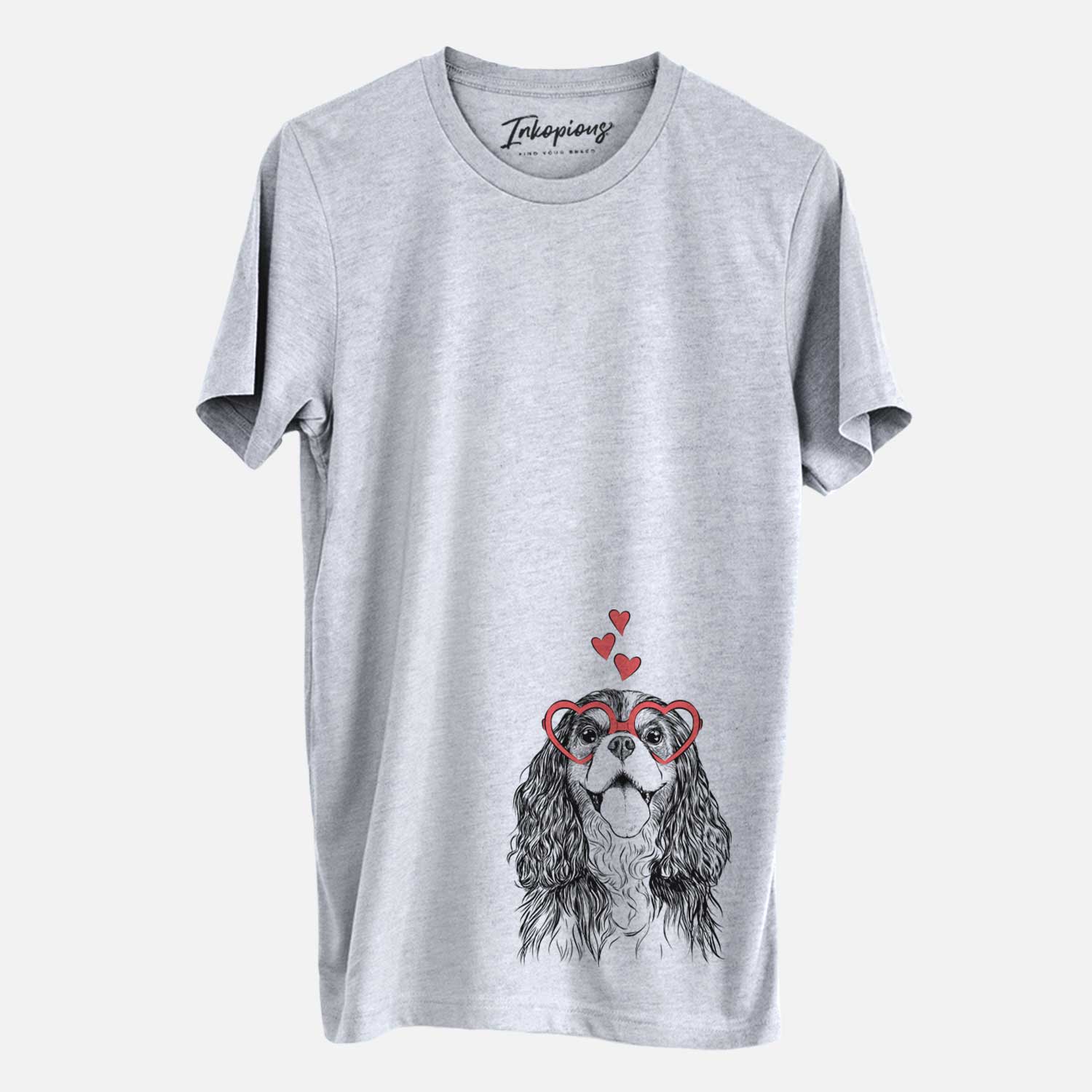 Hand-drawn sketch of Brandy the Cavalier King Charles Spaniel wearing heart-shaped glasses on a Grey Unisex crewneck