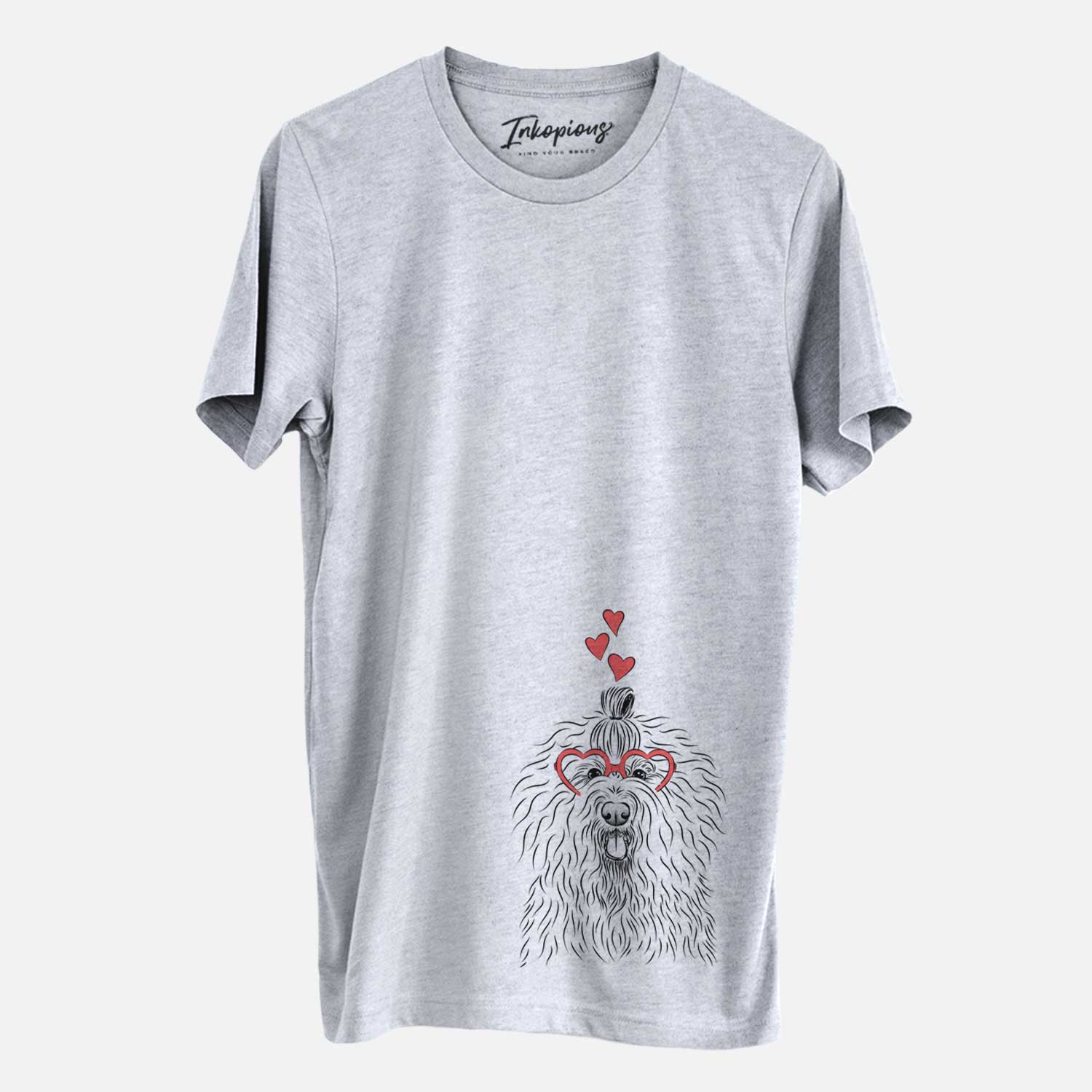 Hand-drawn sketch of Brody the Old English Sheepdog wearing heart-shaped glasses on a Grey Unisex crewneck