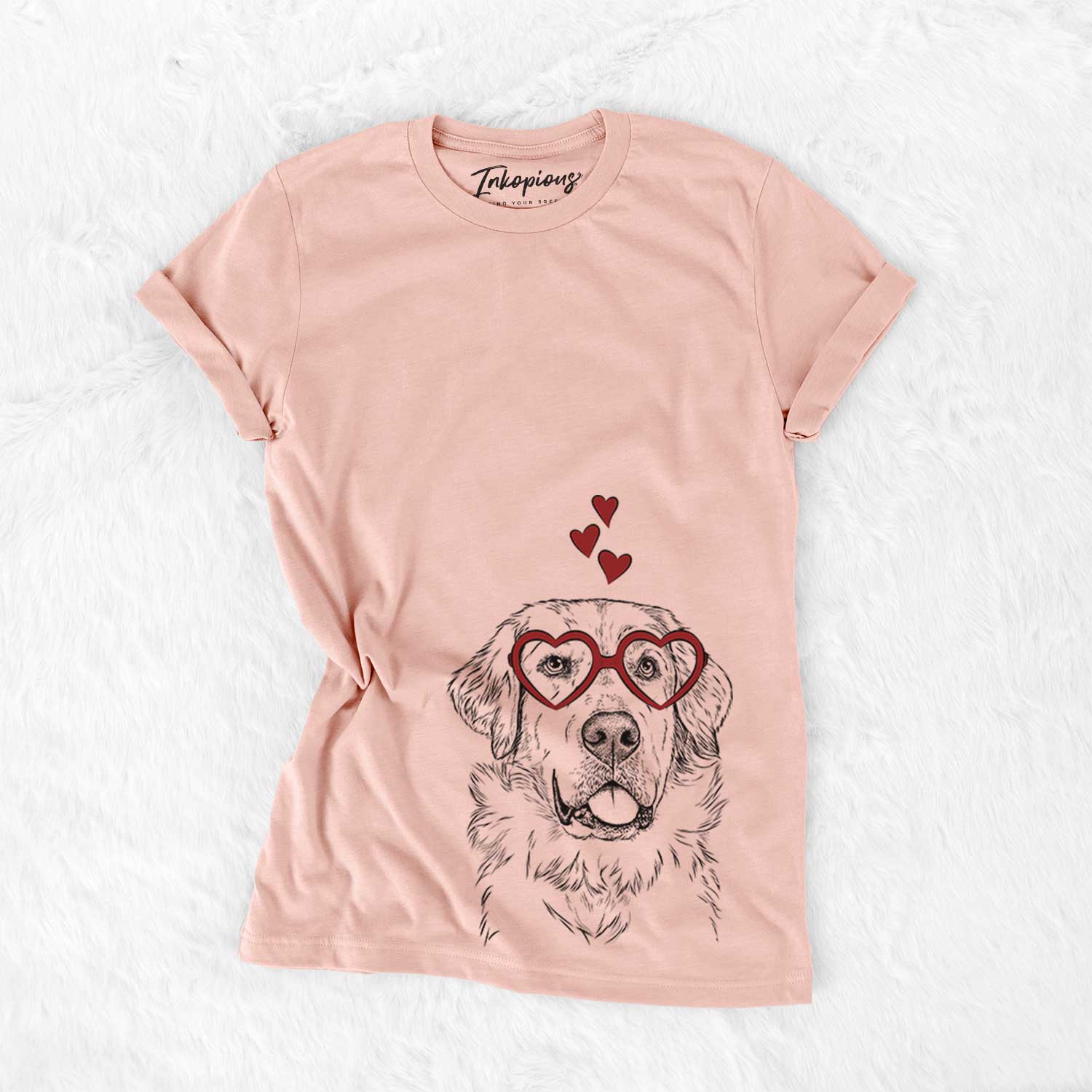 Hand-drawn sketch of Brophy the Great Pyrenees wearing heart-shaped glasses on a Peach Bella Canvas Unisex Crewneck