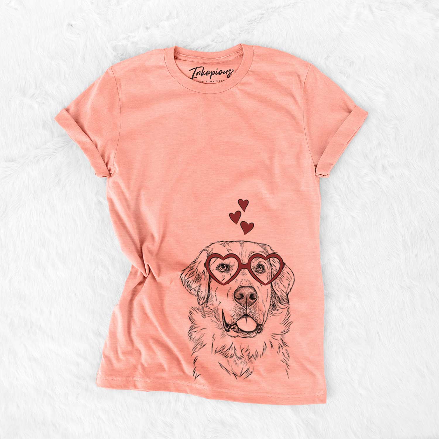 Hand-drawn sketch of Brophy the Great Pyrenees wearing heart-shaped glasses on a Sunset Bella Canvas Unisex Crewneck