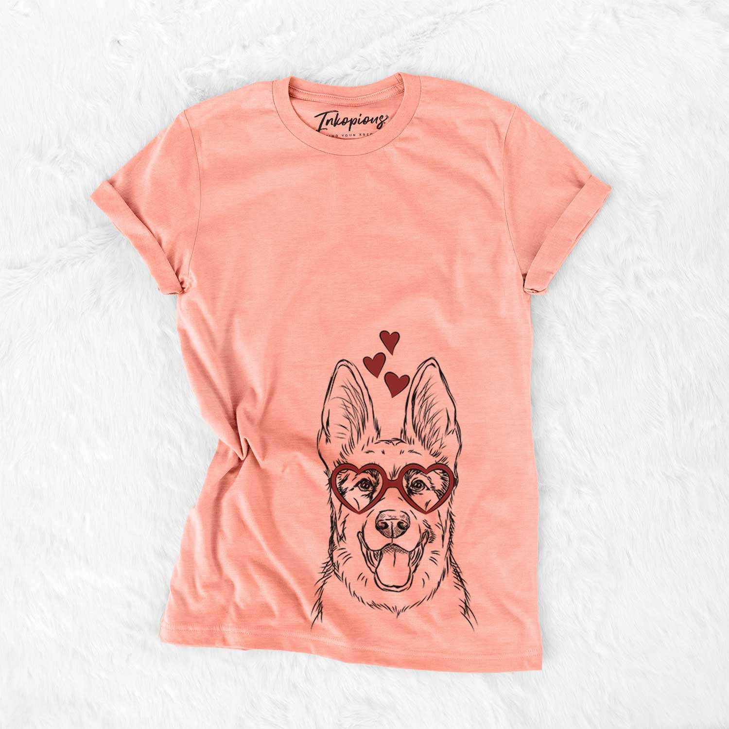 Hand-drawn sketch of Brutus the German Shepherd wearing heart-shaped glasses on a Sunset Bella Canvas Unisex Crewneck