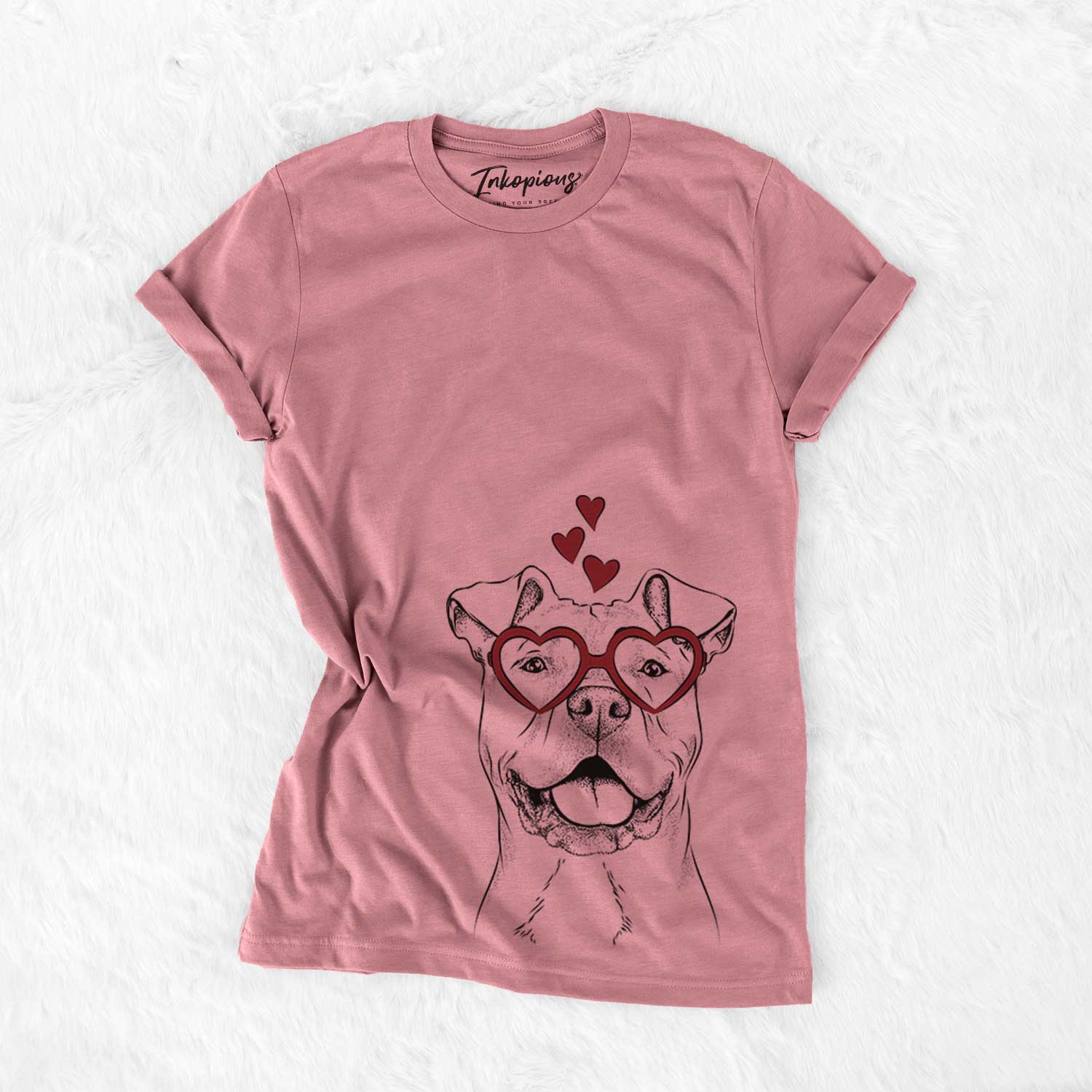 Hand-drawn sketch of Bubba Scraps the AmStaff Mix wearing heart-shaped glasses on a Mauve Bella Canvas Unisex Crewneck