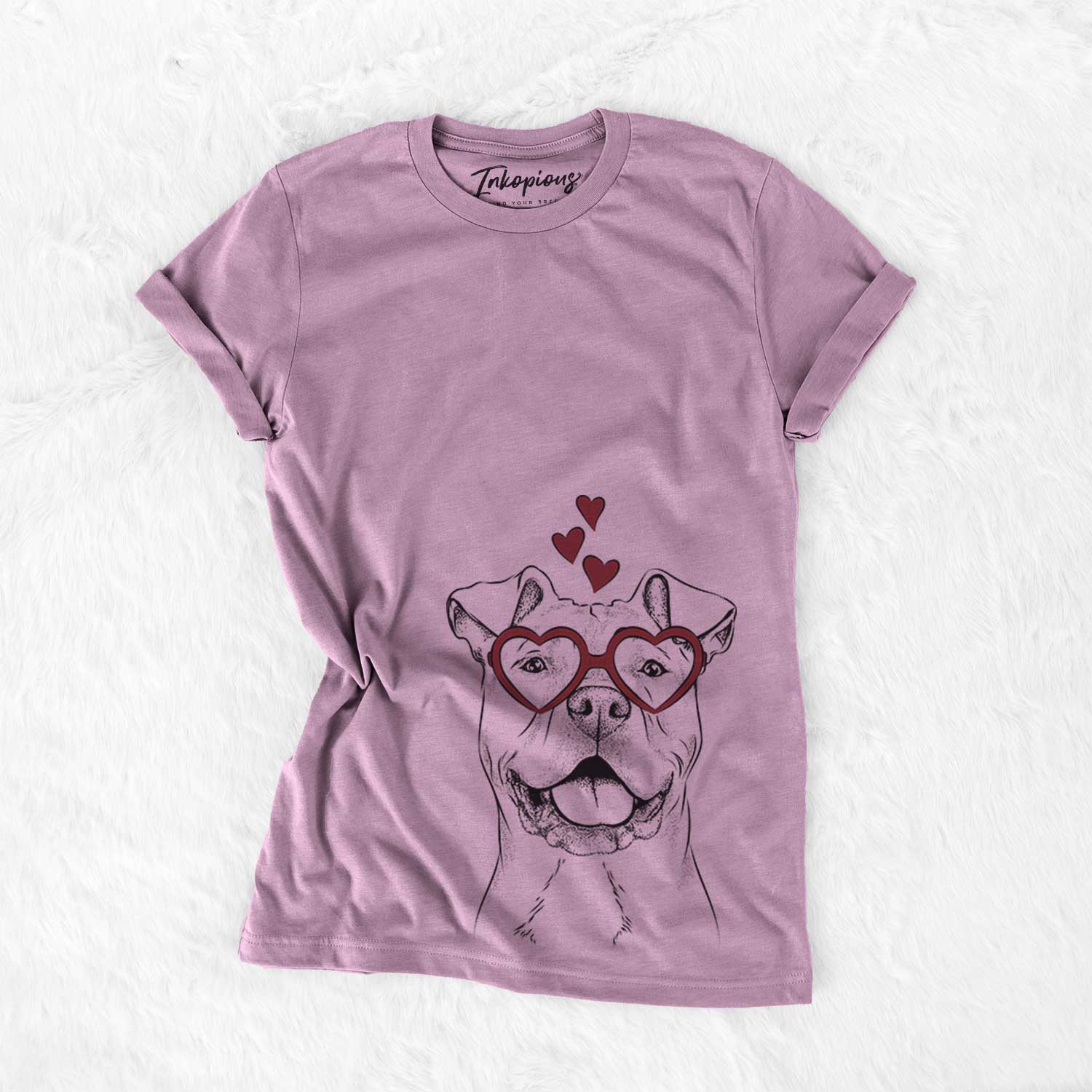 Hand-drawn sketch of Bubba Scraps the AmStaff Mix wearing heart-shaped glasses on an Orchid Bella Canvas Unisex Crewneck