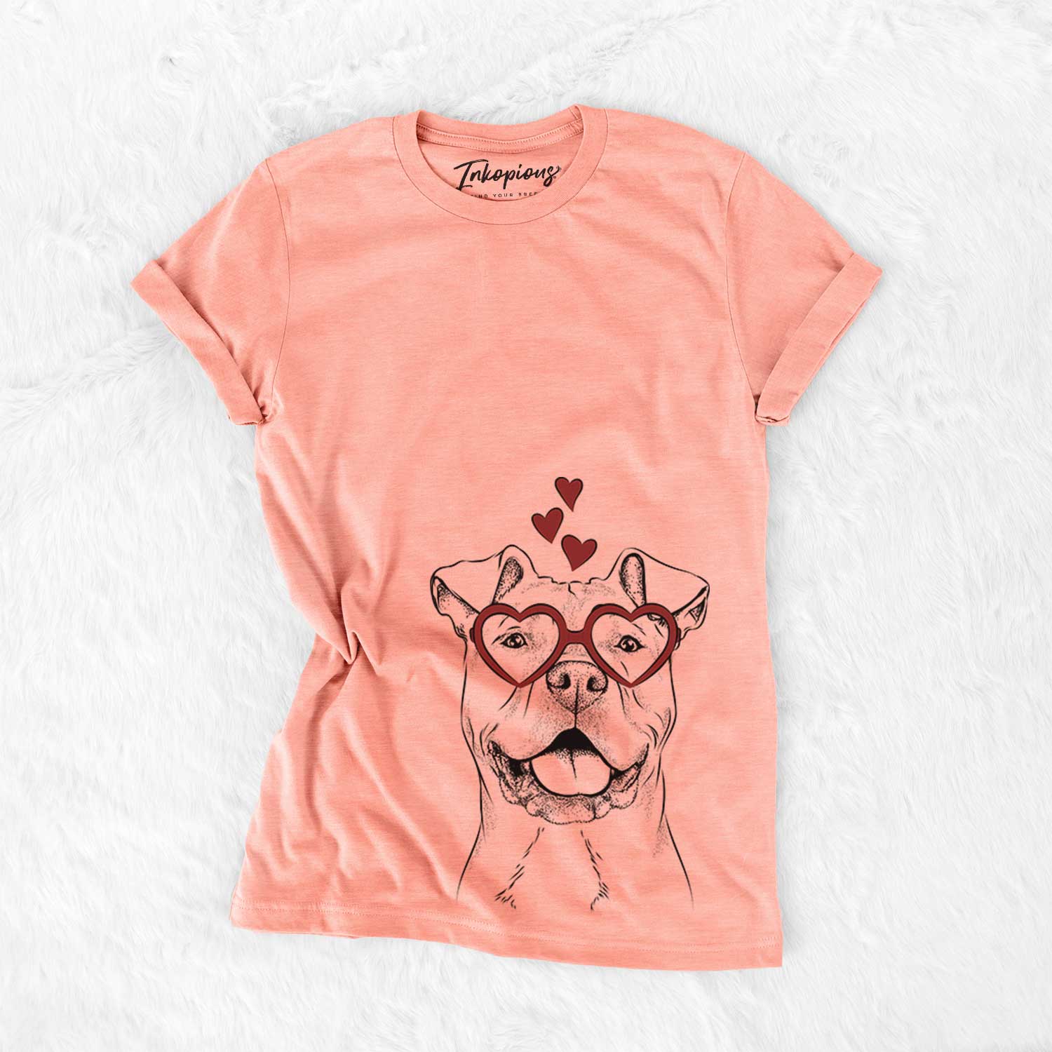 Hand-drawn sketch of Bubba Scraps the AmStaff Mix wearing heart-shaped glasses on a Sunset Bella Canvas Unisex Crewneck