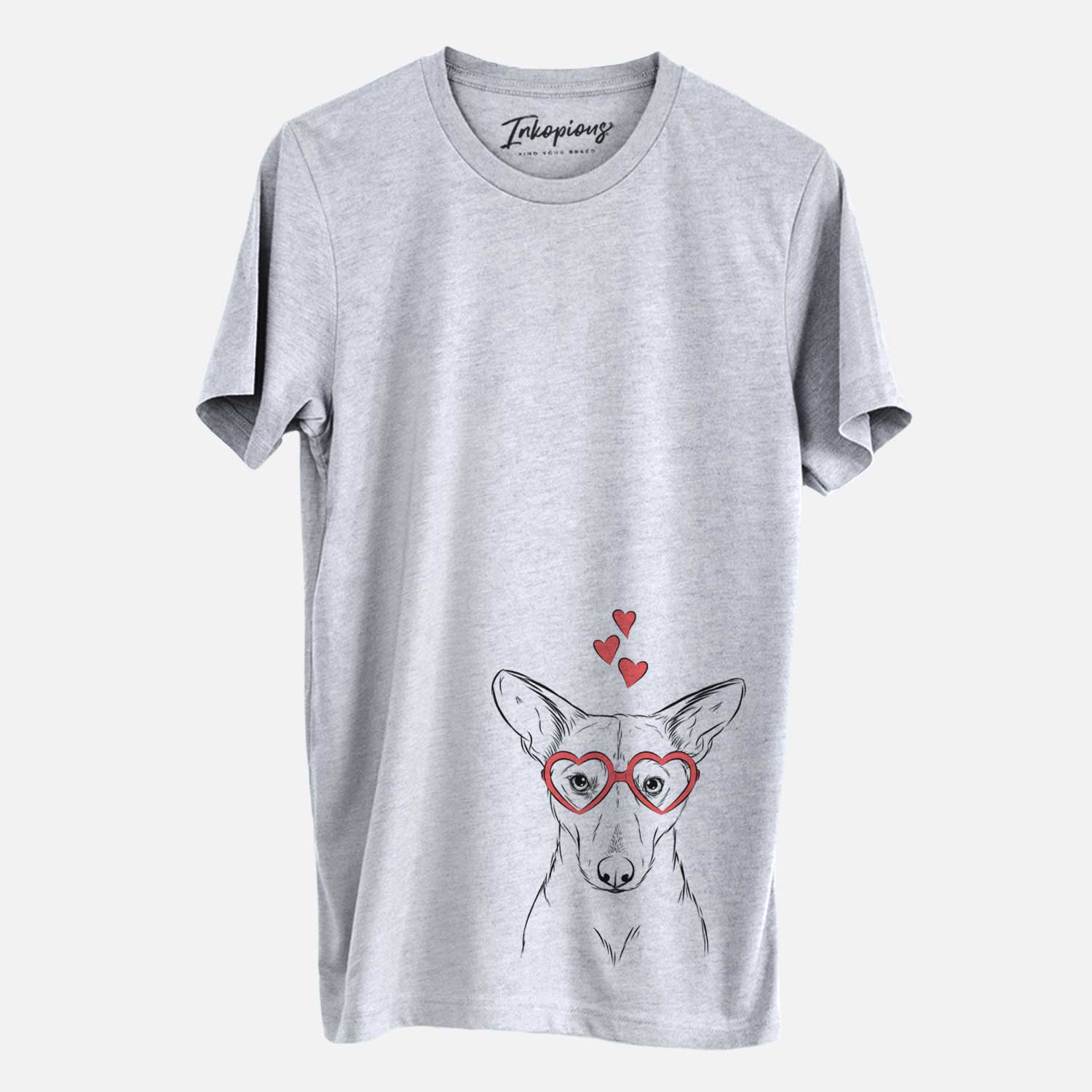 Hand-drawn sketch of Buff the Dorgi wearing heart-shaped glasses on a Grey Unisex crewneck