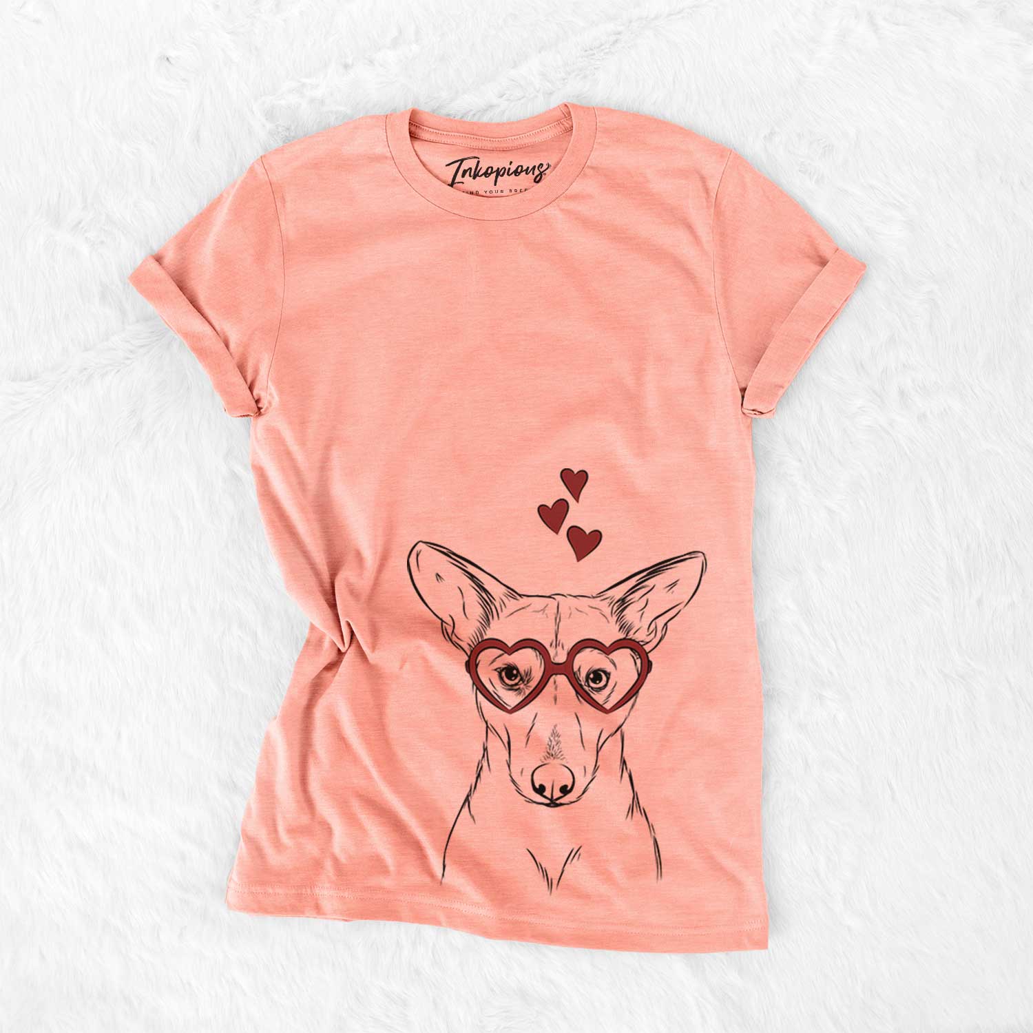 Hand-drawn sketch of Buff the Dorgi wearing heart-shaped glasses on a Sunset Bella Canvas Unisex Crewneck
