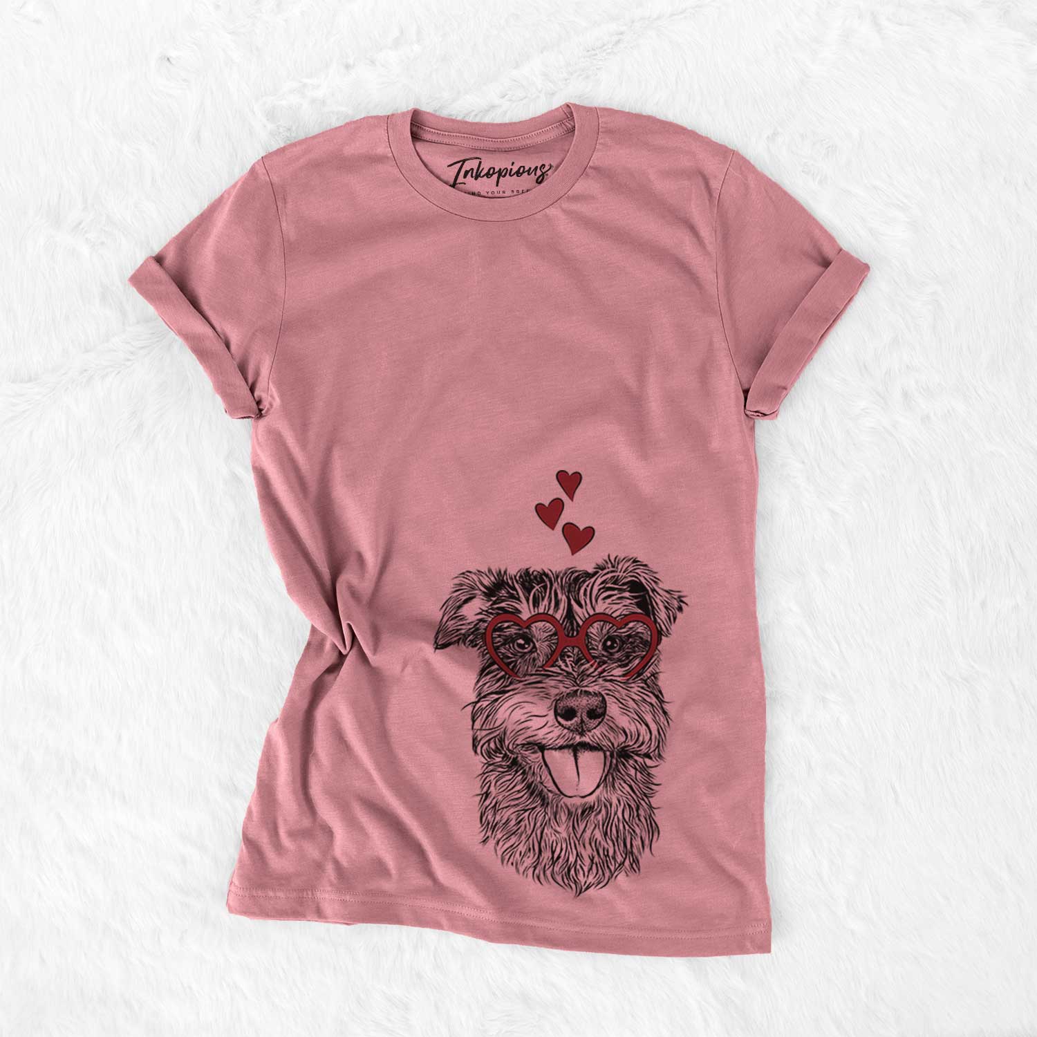 Hand-drawn sketch of Buster the Schnoodle wearing heart-shaped glasses on a Mauve Bella Canvas Unisex Crewneck