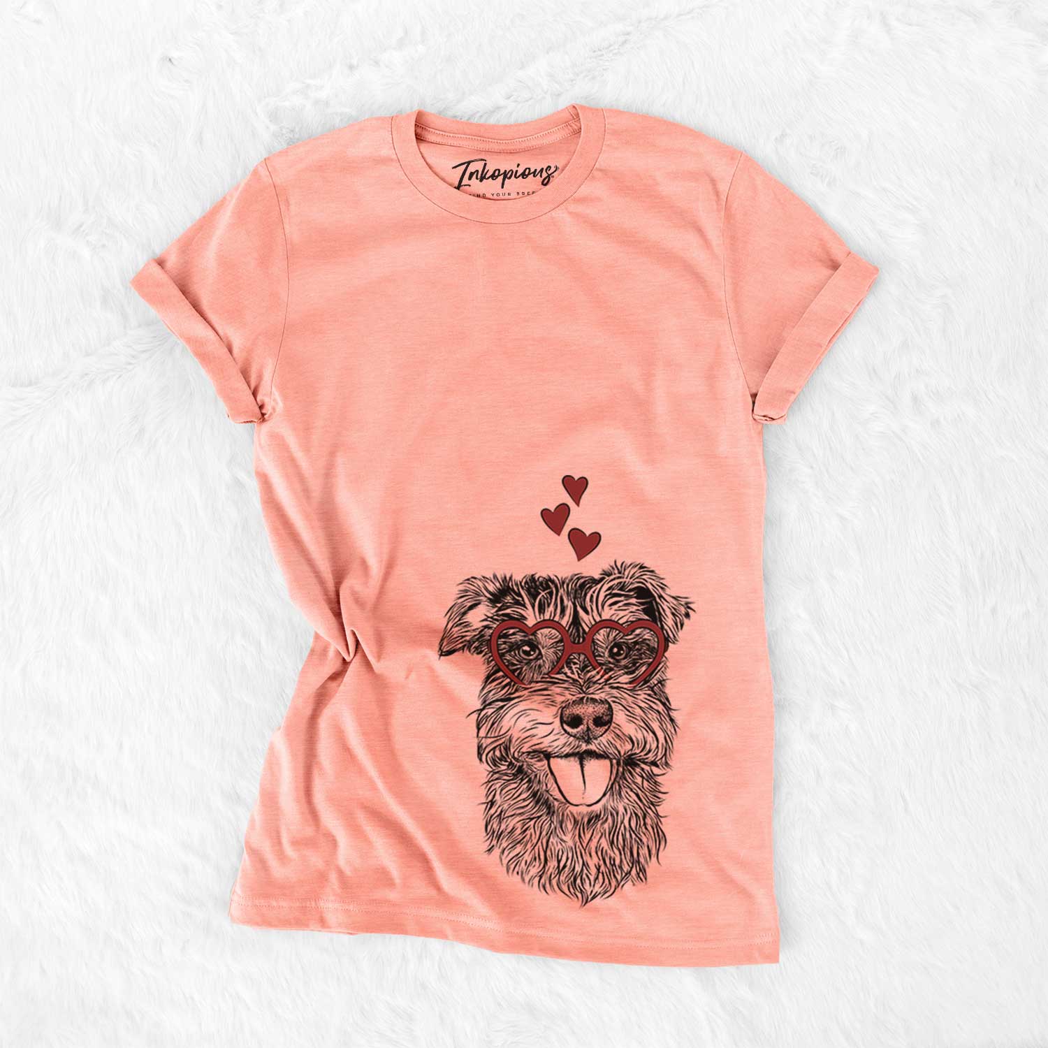 Hand-drawn sketch of Buster the Schnoodle wearing heart-shaped glasses on a Sunset Bella Canvas Unisex Crewneck