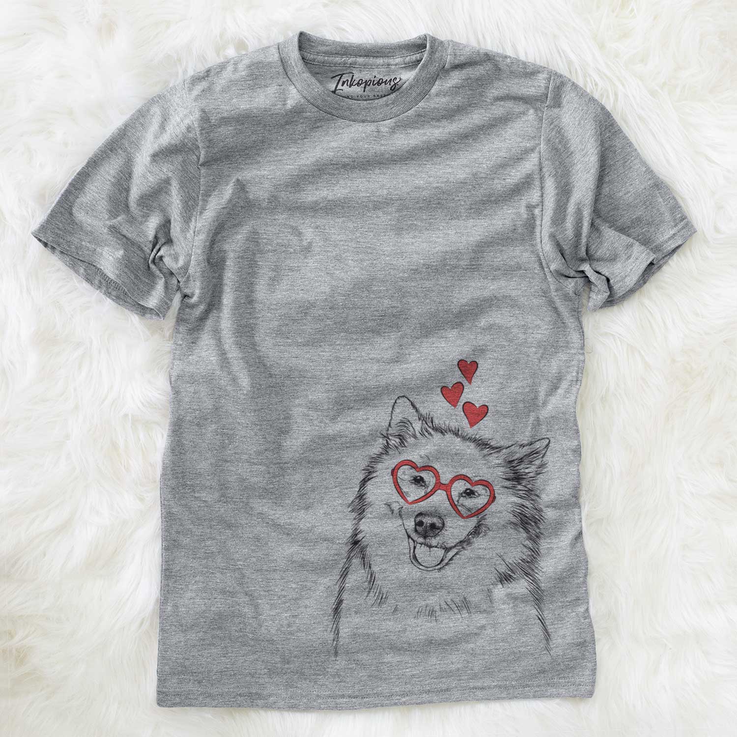 Hand-drawn sketch of Caico the Samoyed wearing heart-shaped glasses on a Grey Unisex crewneck