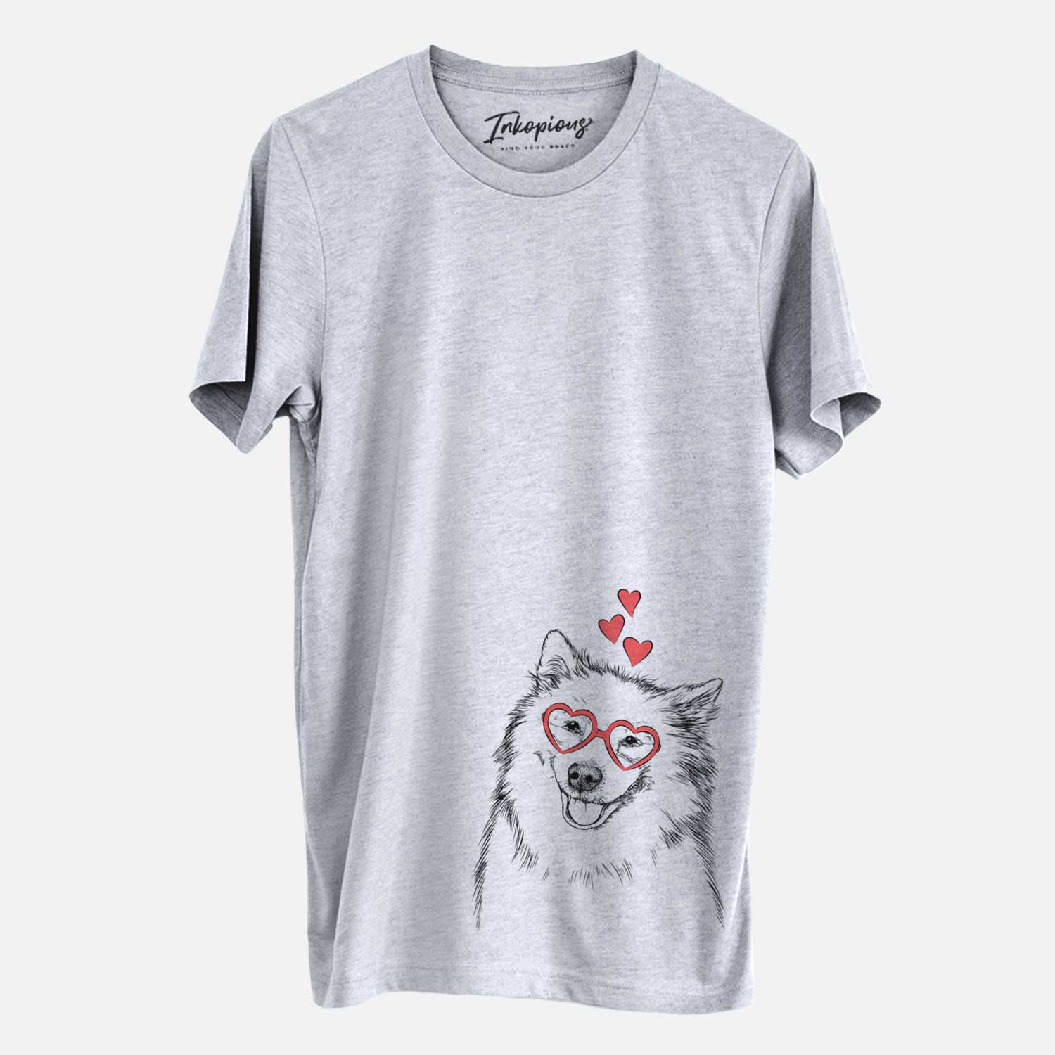 Hand-drawn sketch of Caico the Samoyed wearing heart-shaped glasses on a Grey Unisex crewneck