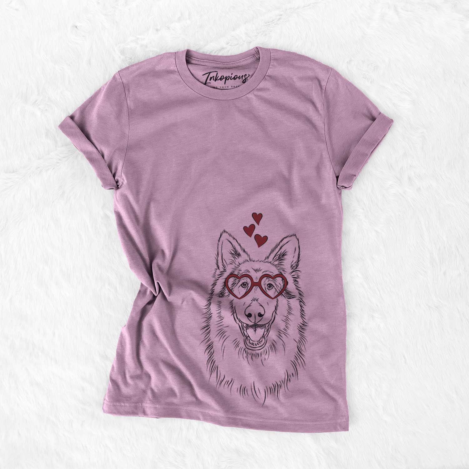 Hand-drawn sketch of Cannon the Rough Collie wearing heart-shaped glasses on an Orchid Bella Canvas Unisex Crewneck