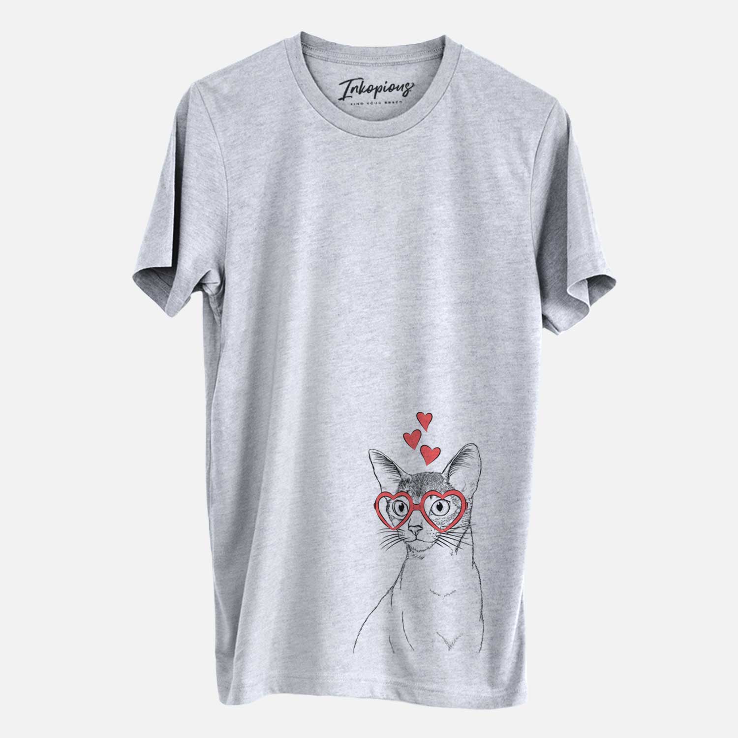 Hand-drawn sketch of Cedric the Abyssinian Cat wearing heart-shaped glasses on a Grey Unisex crewneck