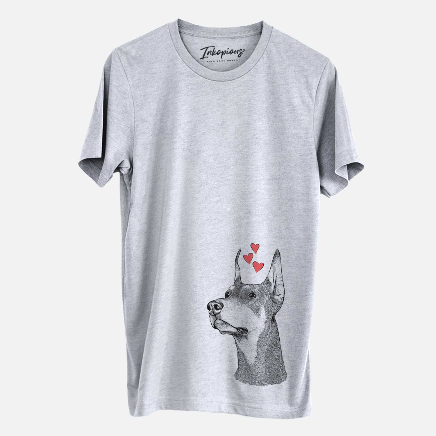 Hand-drawn sketch of Cenza the Doberman Pinscher wearing heart-shaped glasses on a Grey Unisex crewneck