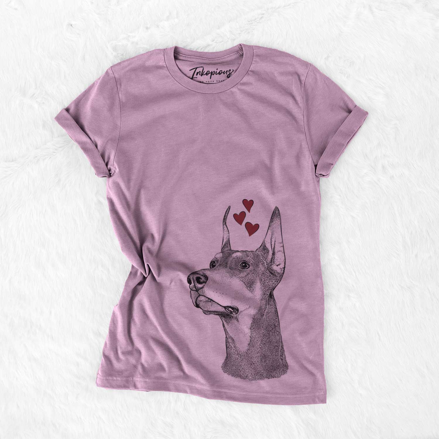 Hand-drawn sketch of Cenza the Doberman Pinscher wearing heart-shaped glasses on an Orchid Bella Canvas Unisex Crewneck