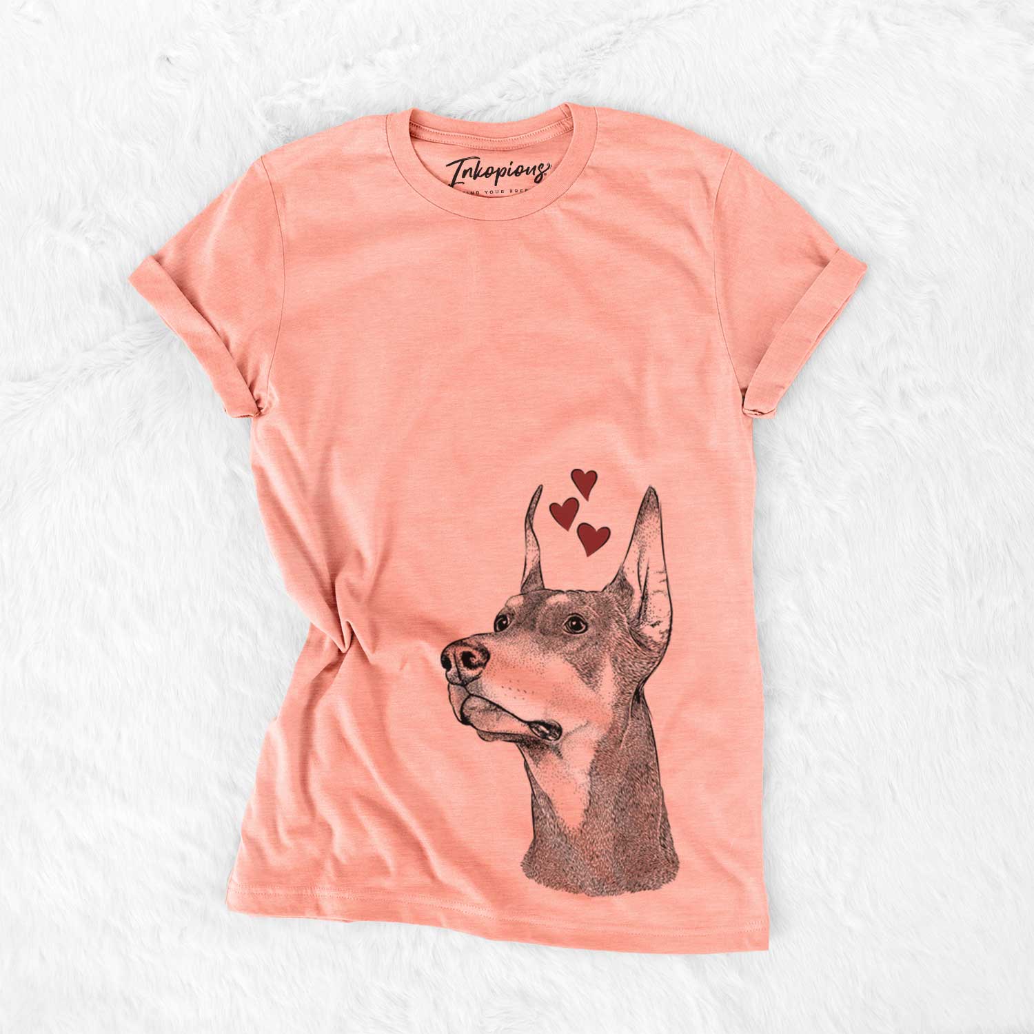 Hand-drawn sketch of Cenza the Doberman Pinscher wearing heart-shaped glasses on a Sunset Bella Canvas Unisex Crewneck