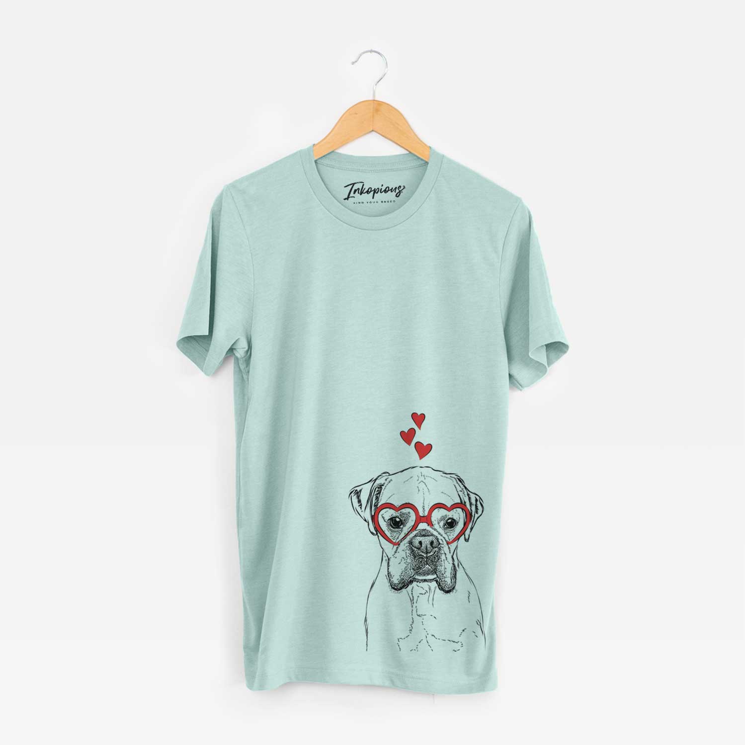 Hand-drawn sketch of Champion Bentley the Boxer wearing heart-shaped glasses on a Heather Sage Unisex crewneck