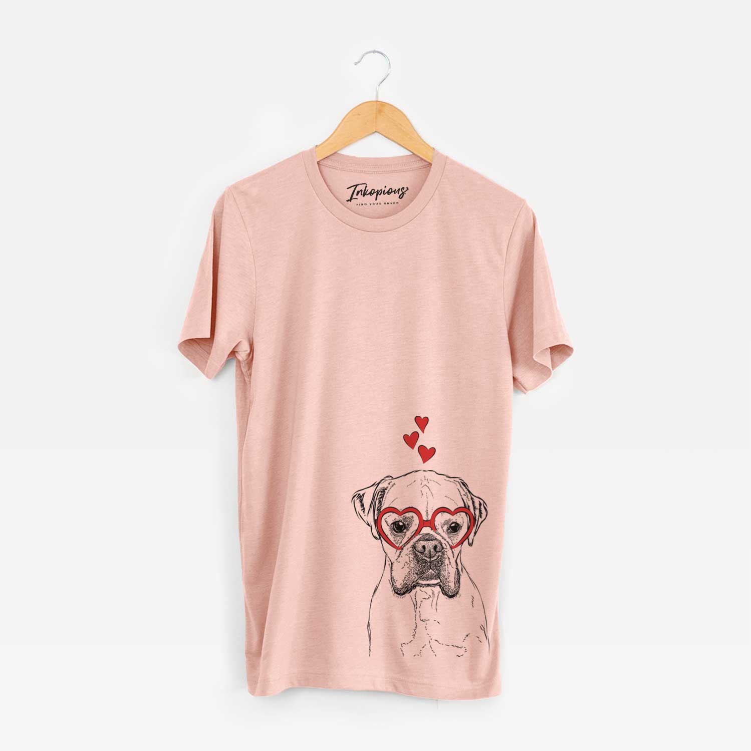 Hand-drawn sketch of Champion Bentley the Boxer wearing heart-shaped glasses on a Peach Unisex crewneck