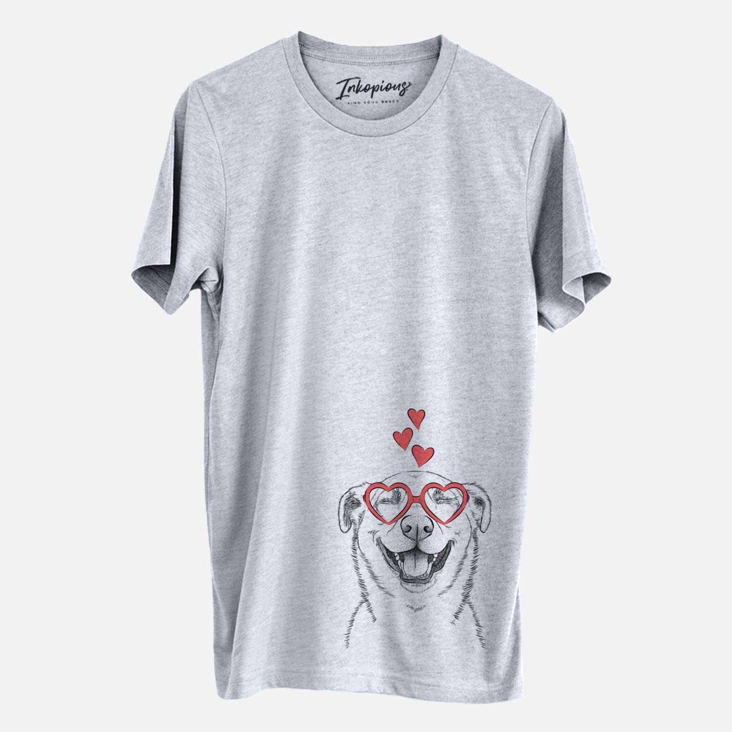 Hand-drawn sketch of Chancellor the Mixed Breed wearing heart-shaped glasses on a Grey Unisex crewneck