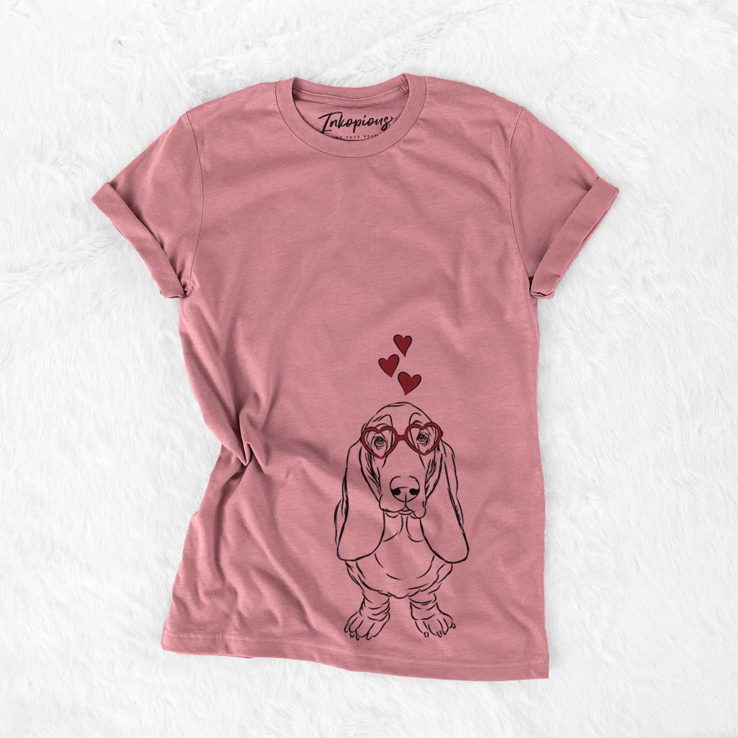 Hand-drawn sketch of Charlie the Basset Hound wearing heart-shaped glasses on a Mauve Bella Canvas Unisex Crewneck