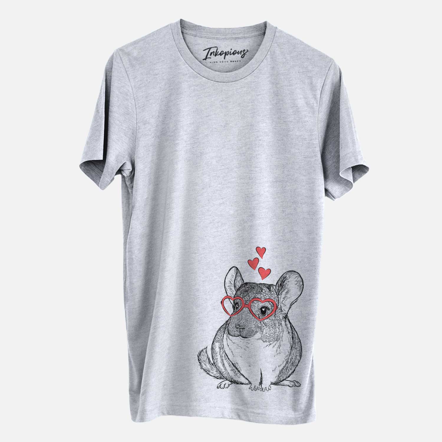 Hand-drawn sketch of Cheddar the Chinchilla wearing heart-shaped glasses on a Grey Unisex crewneck