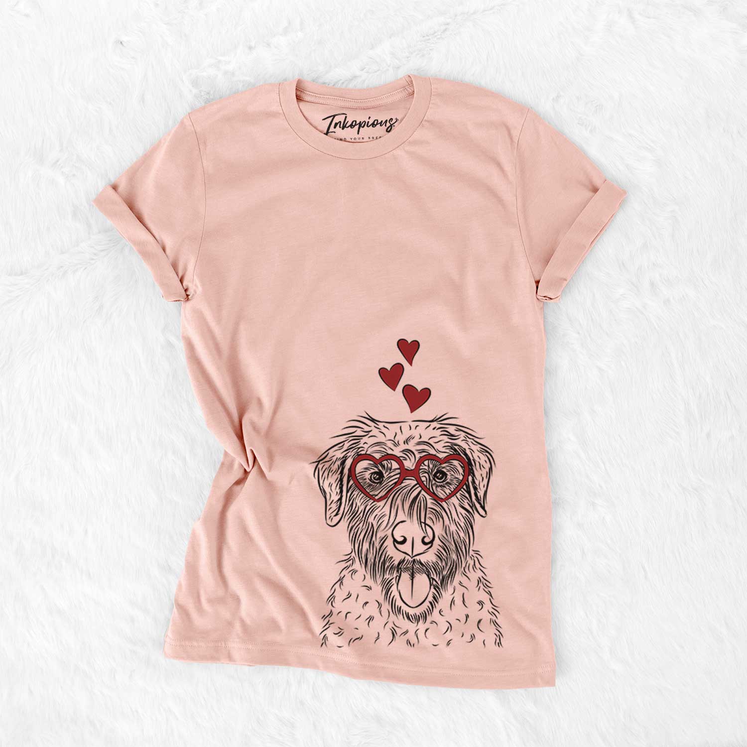 Hand-drawn sketch of Chester the Soft Coated Wheaten Terrier wearing heart-shaped glasses on a Peach Bella Canvas Unisex Crewneck