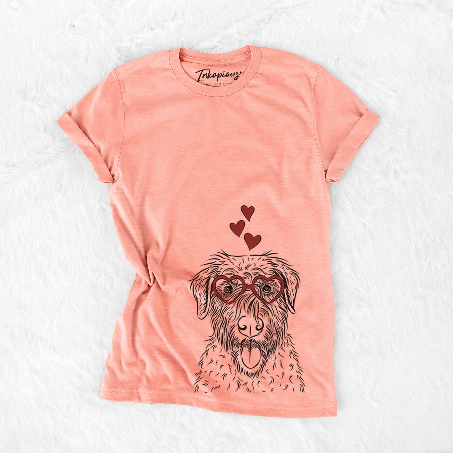 Hand-drawn sketch of Chester the Soft Coated Wheaten Terrier wearing heart-shaped glasses on a Sunset Bella Canvas Unisex Crewneck