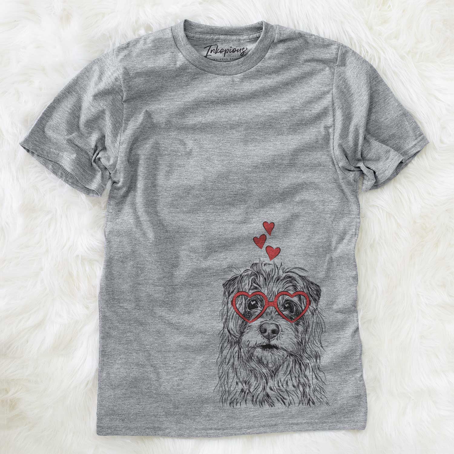 Hand-drawn sketch of Chester the Terrier Mix wearing heart-shaped glasses on a Grey Unisex crewneck