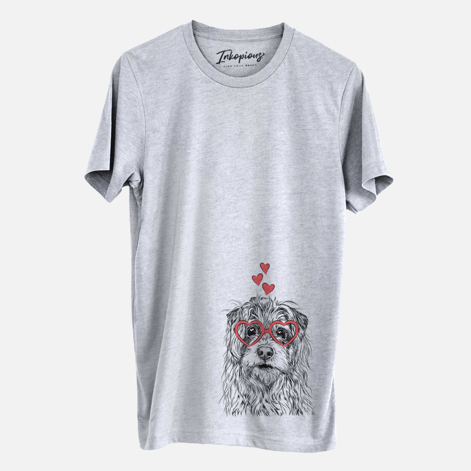 Hand-drawn sketch of Chester the Terrier Mix wearing heart-shaped glasses on a Grey Unisex crewneck