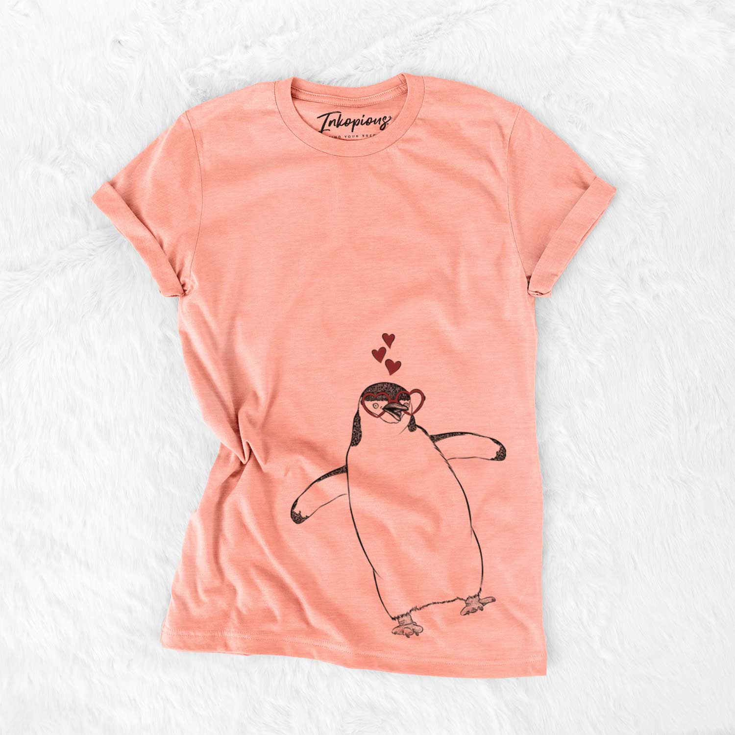 Hand-drawn sketch of Chive the Chinstrap Penguin wearing heart-shaped glasses on a Sunset Bella Canvas Unisex Crewneck