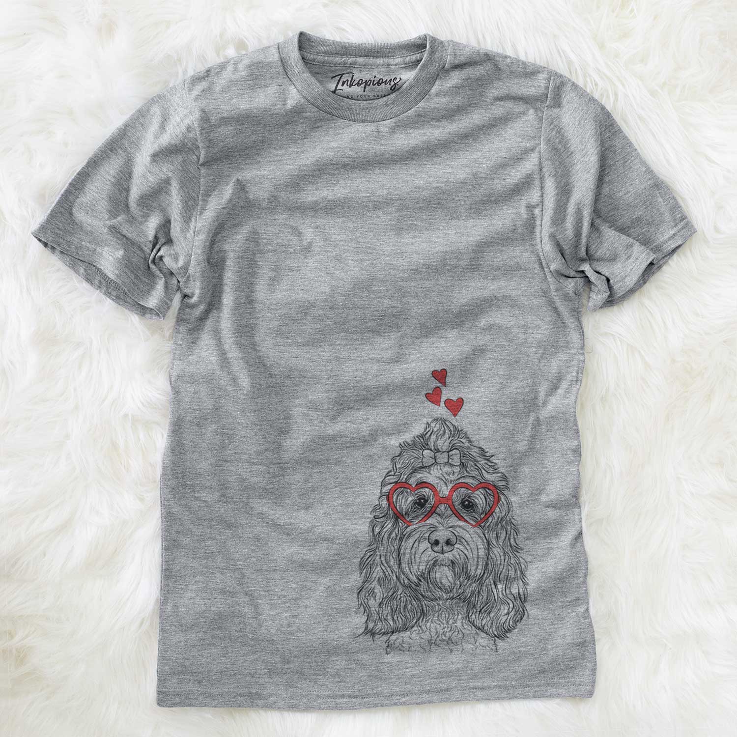 Hand-drawn sketch of Chloe the Cockapoo wearing heart-shaped glasses on a Grey Unisex crewneck