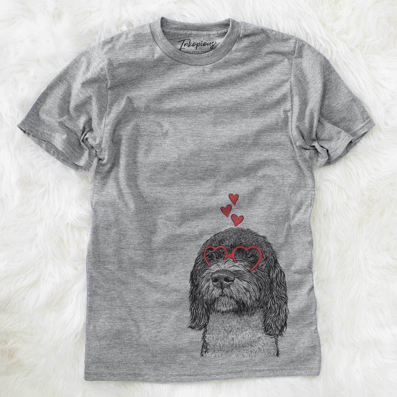 Hand-drawn sketch of Chris the Portuguese Water Dog wearing heart-shaped glasses on a Grey Unisex crewneck
