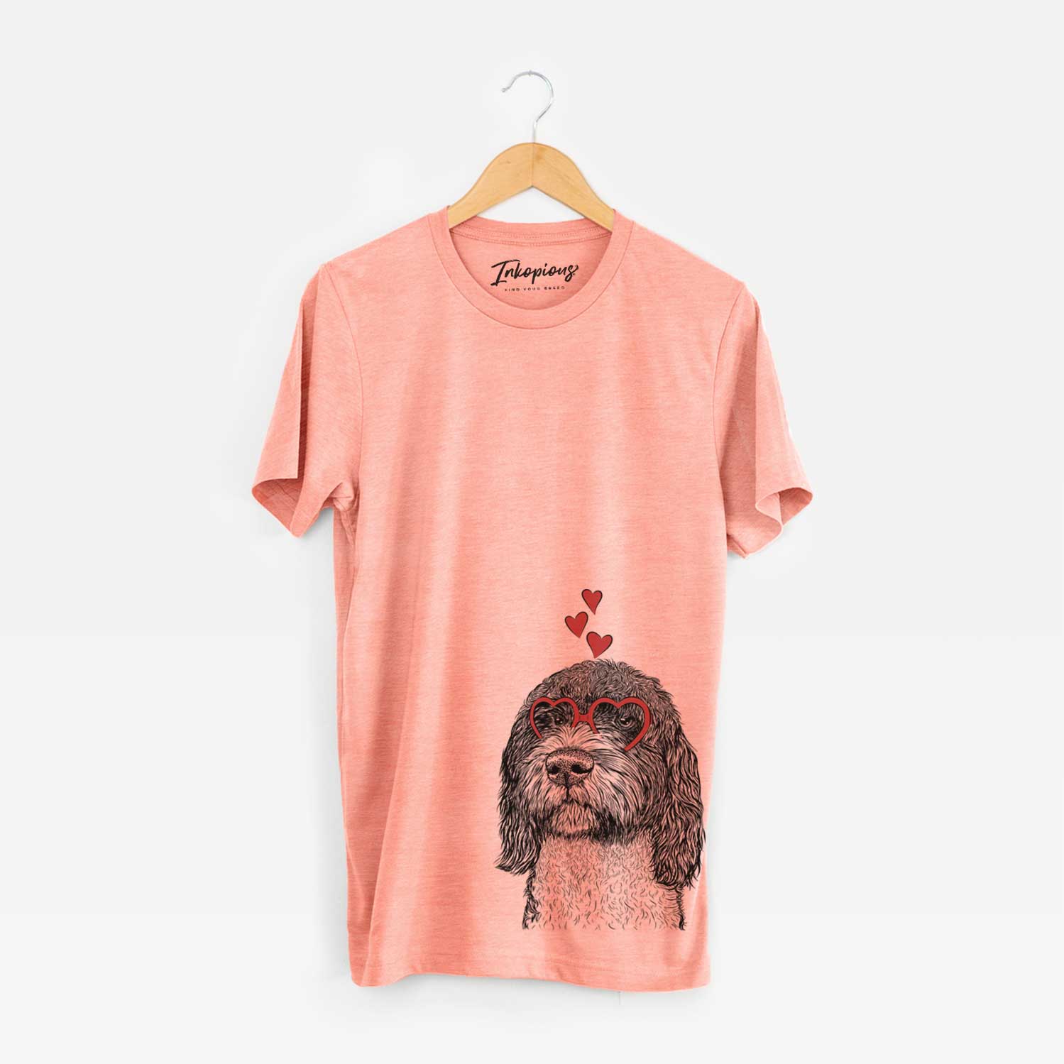 Hand-drawn sketch of Chris the Portuguese Water Dog wearing heart-shaped glasses on a Sunset Unisex crewneck