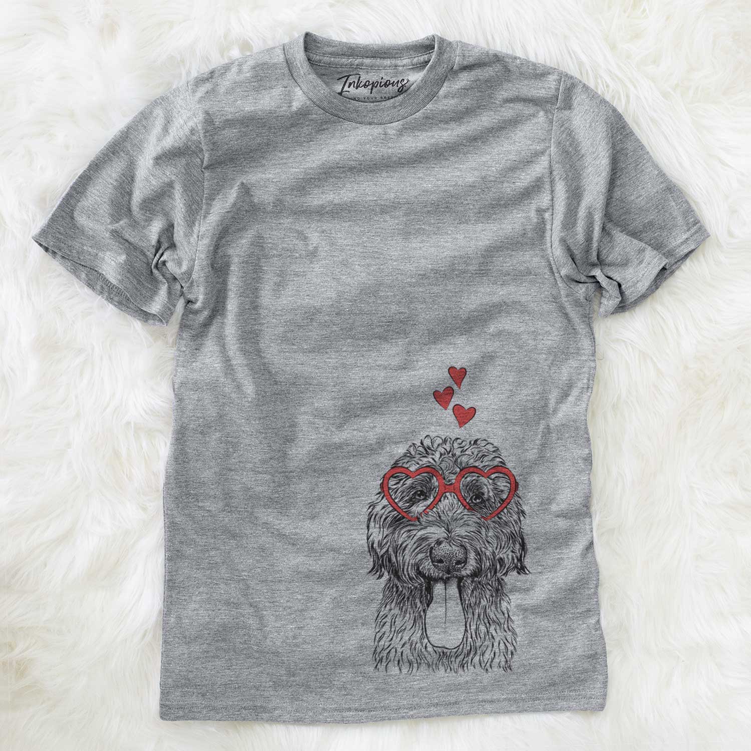Hand-drawn sketch of CiCi Paulk the Aussiedoodle wearing heart-shaped glasses on a Grey Unisex crewneck
