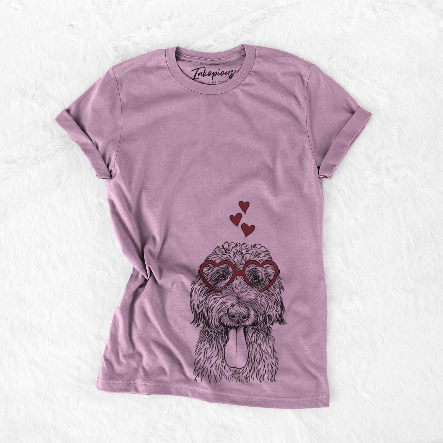 Hand-drawn sketch of CiCi Paulk the Aussiedoodle wearing heart-shaped glasses on an Orchid Bella Canvas Unisex Crewneck