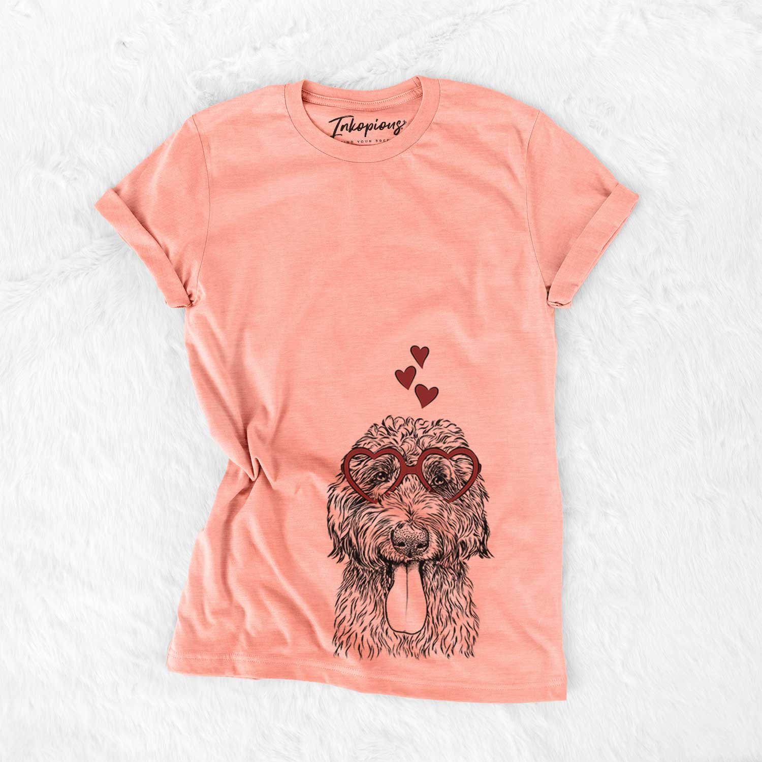 Hand-drawn sketch of CiCi Paulk the Aussiedoodle wearing heart-shaped glasses on a Sunset Bella Canvas Unisex Crewneck