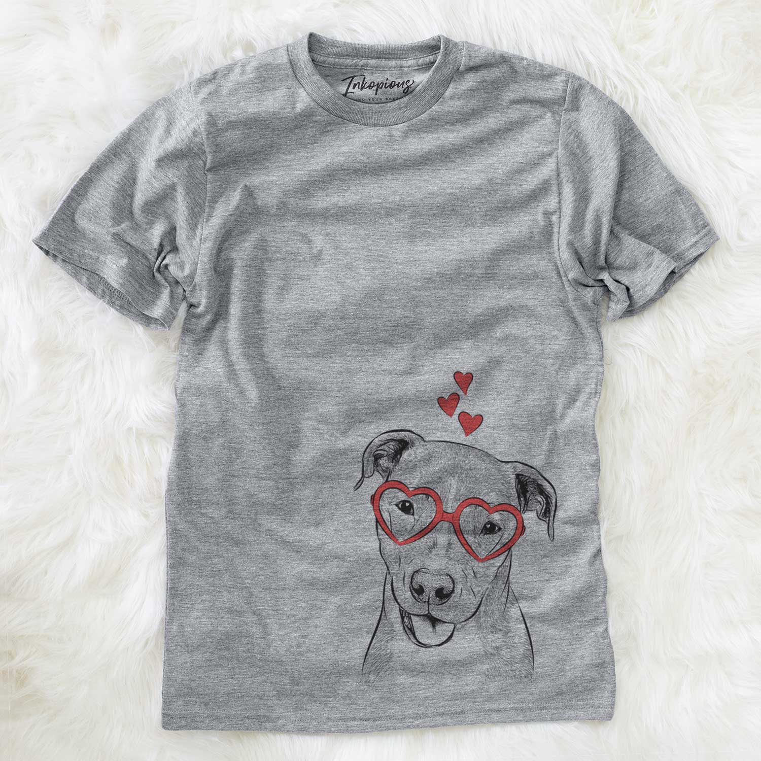 Hand-drawn sketch of Claiborne the American Staffordshire Terrier wearing heart-shaped glasses on a Grey Unisex crewneck