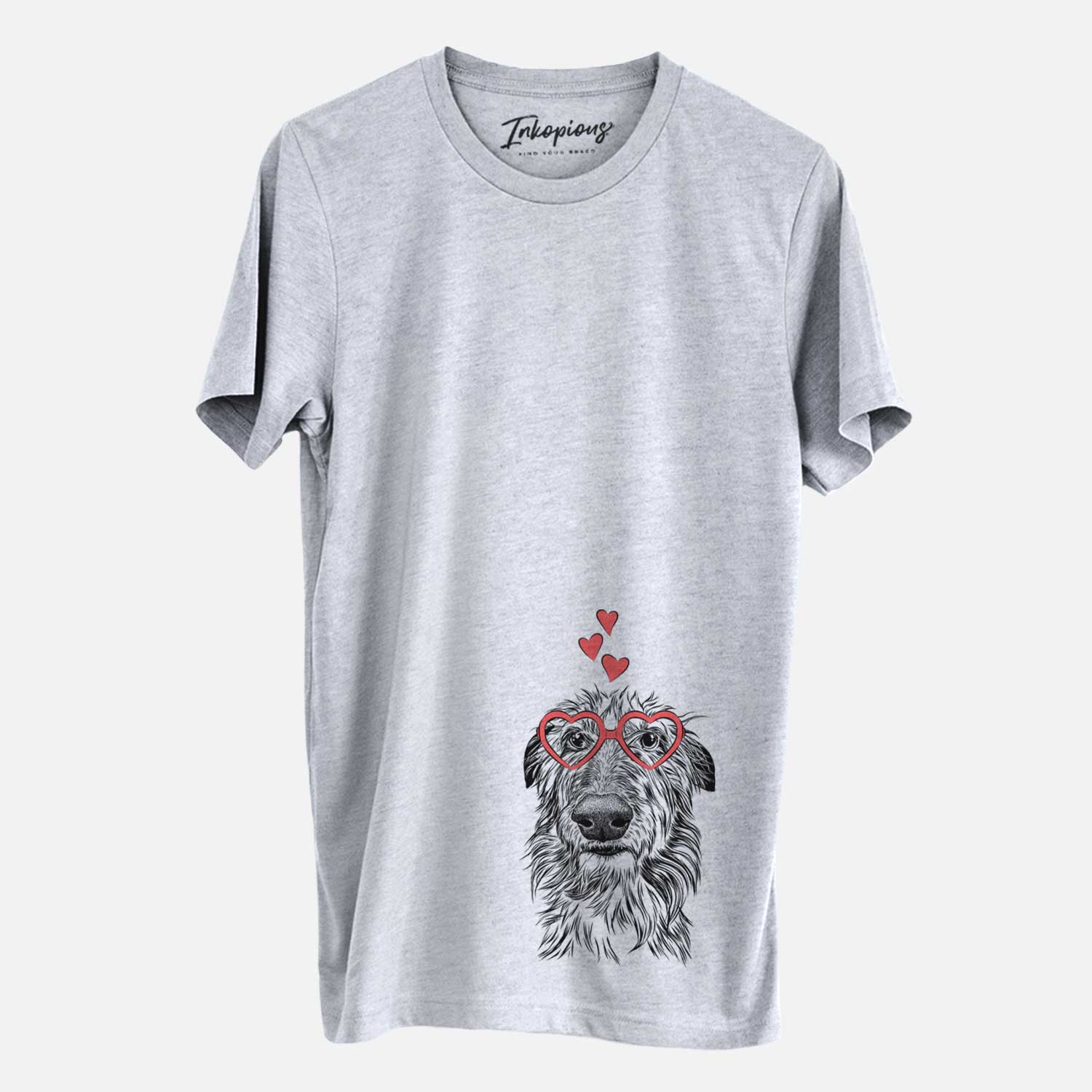 Hand-drawn sketch of Cleod the Scottish Deerhound wearing heart-shaped glasses on a Grey Unisex crewneck