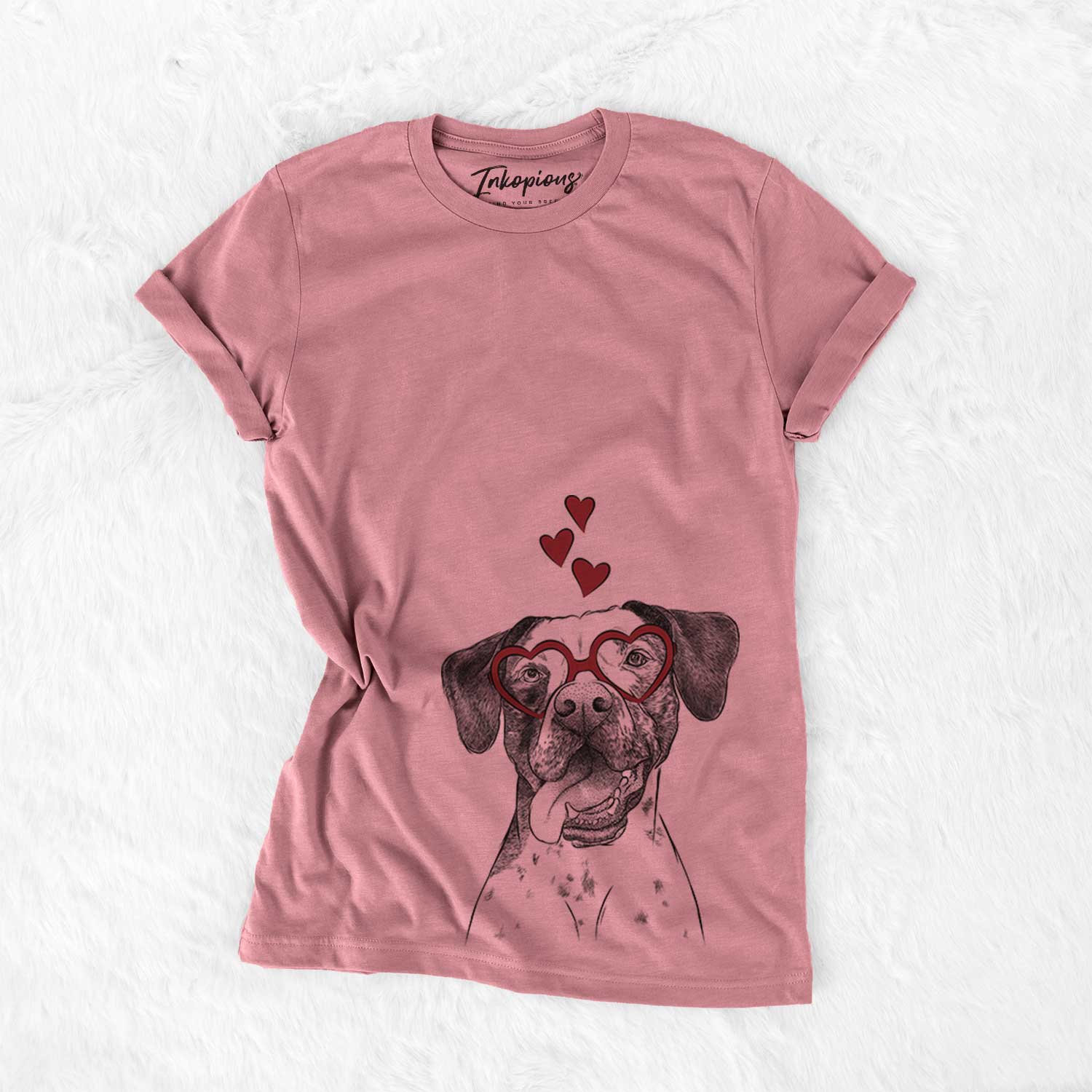 Hand-drawn sketch of Cola the Catahoula wearing heart-shaped glasses on a Mauve Bella Canvas Unisex Crewneck