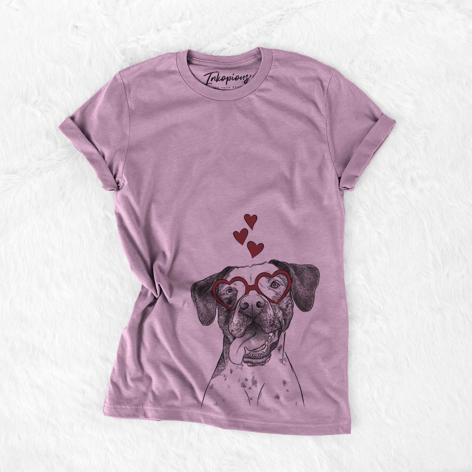 Hand-drawn sketch of Cola the Catahoula wearing heart-shaped glasses on an Orchid Bella Canvas Unisex Crewneck