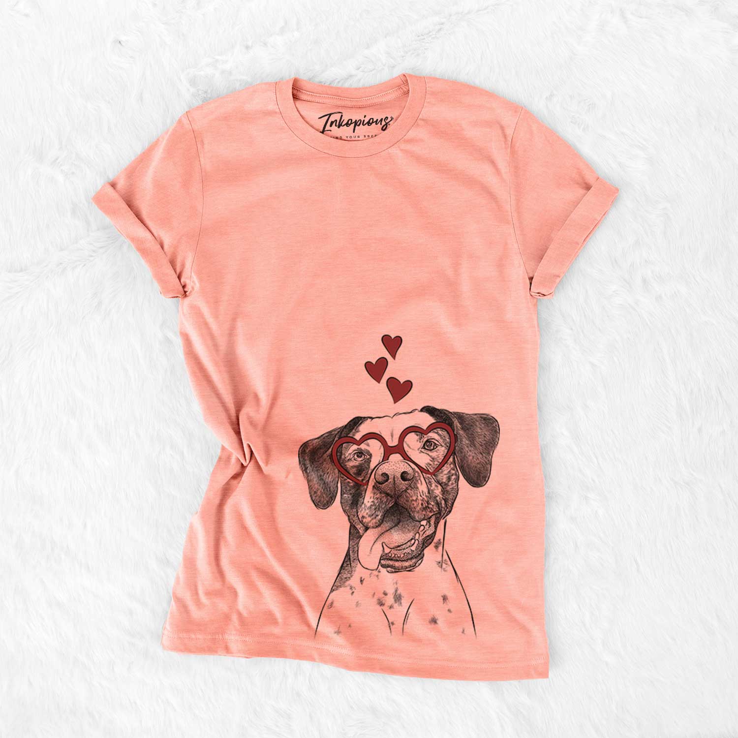 Hand-drawn sketch of Cola the Catahoula wearing heart-shaped glasses on a Sunset Bella Canvas Unisex Crewneck