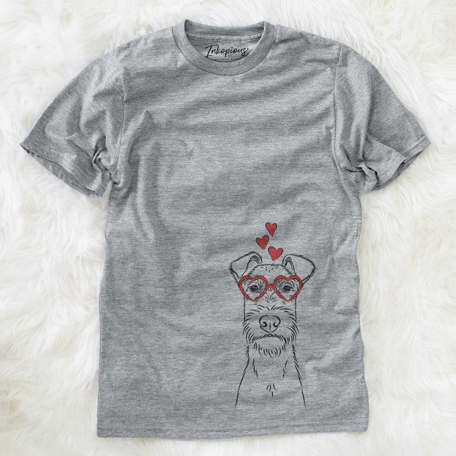 Hand-drawn sketch of Connor the Irish Terrier wearing heart-shaped glasses on a Grey Unisex crewneck