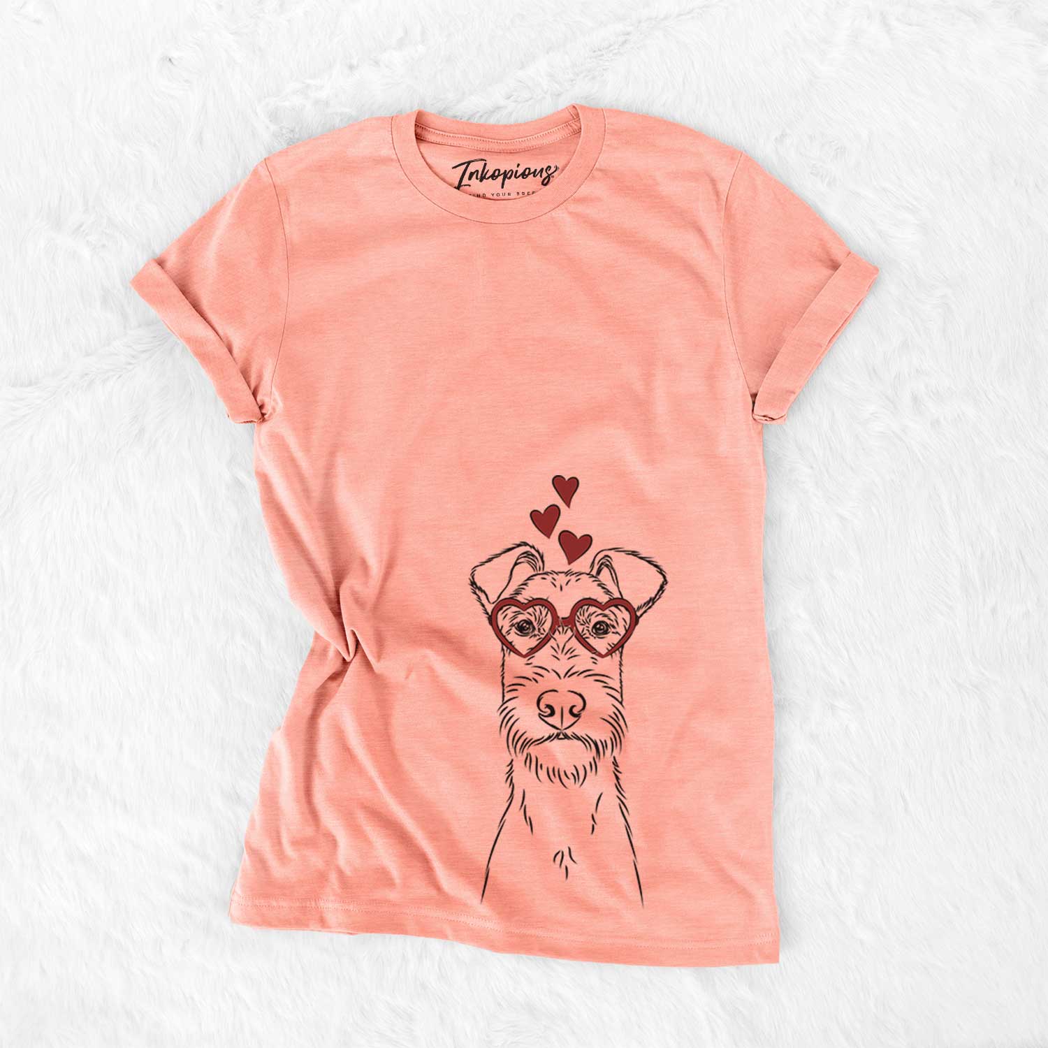 Hand-drawn sketch of Connor the Irish Terrier wearing heart-shaped glasses on a Sunset Bella Canvas Unisex Crewneck