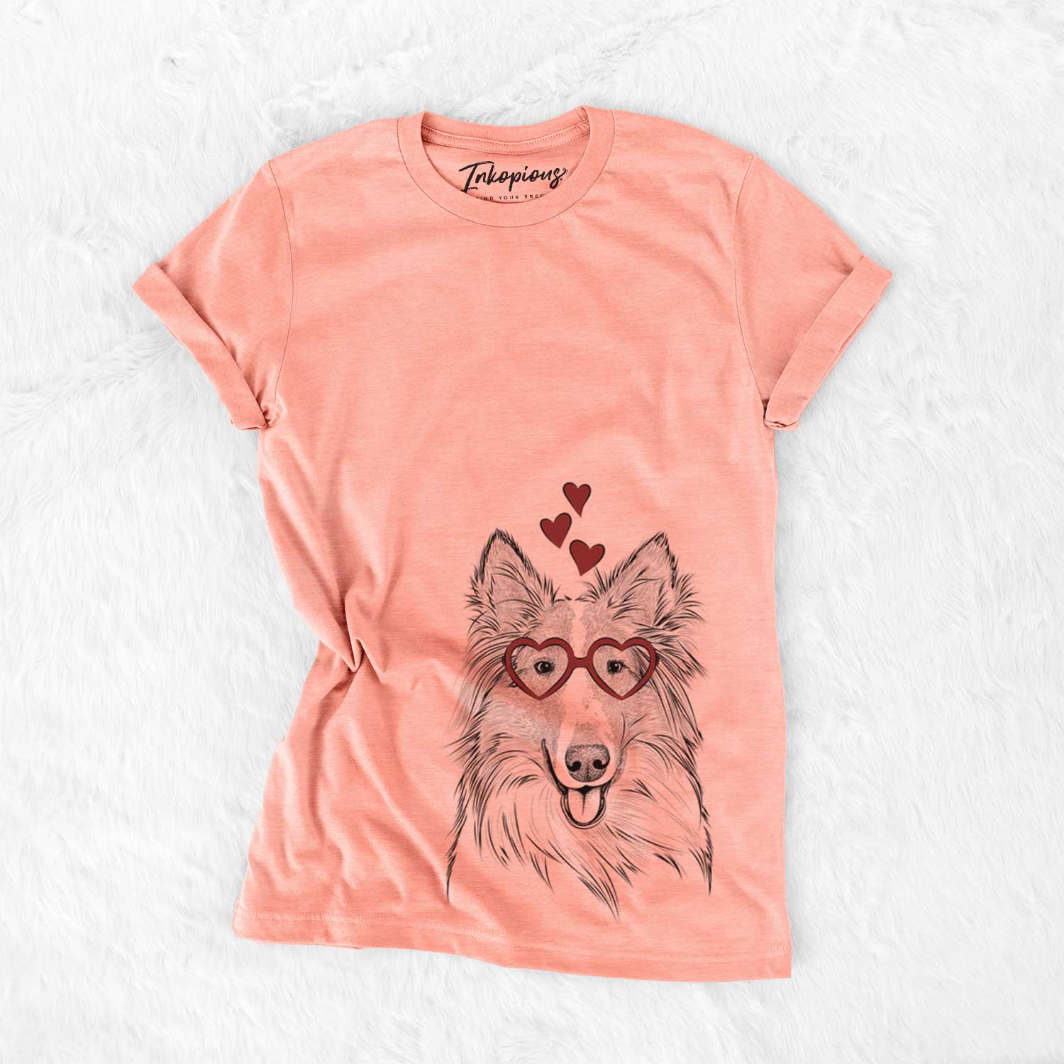 Hand-drawn sketch of Conrad the Rough Collie wearing heart-shaped glasses on a Sunset Bella Canvas Unisex Crewneck