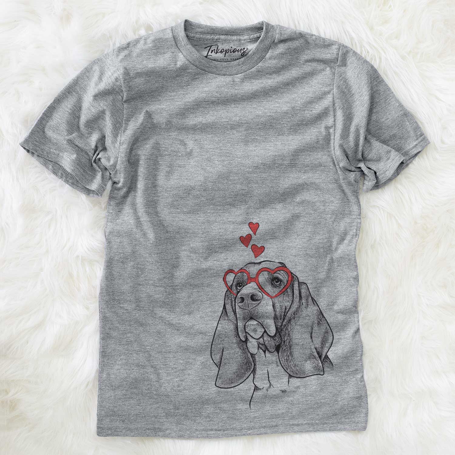 Hand-drawn sketch of Cooper the Basset Hound wearing heart-shaped glasses on a Grey Unisex crewneck