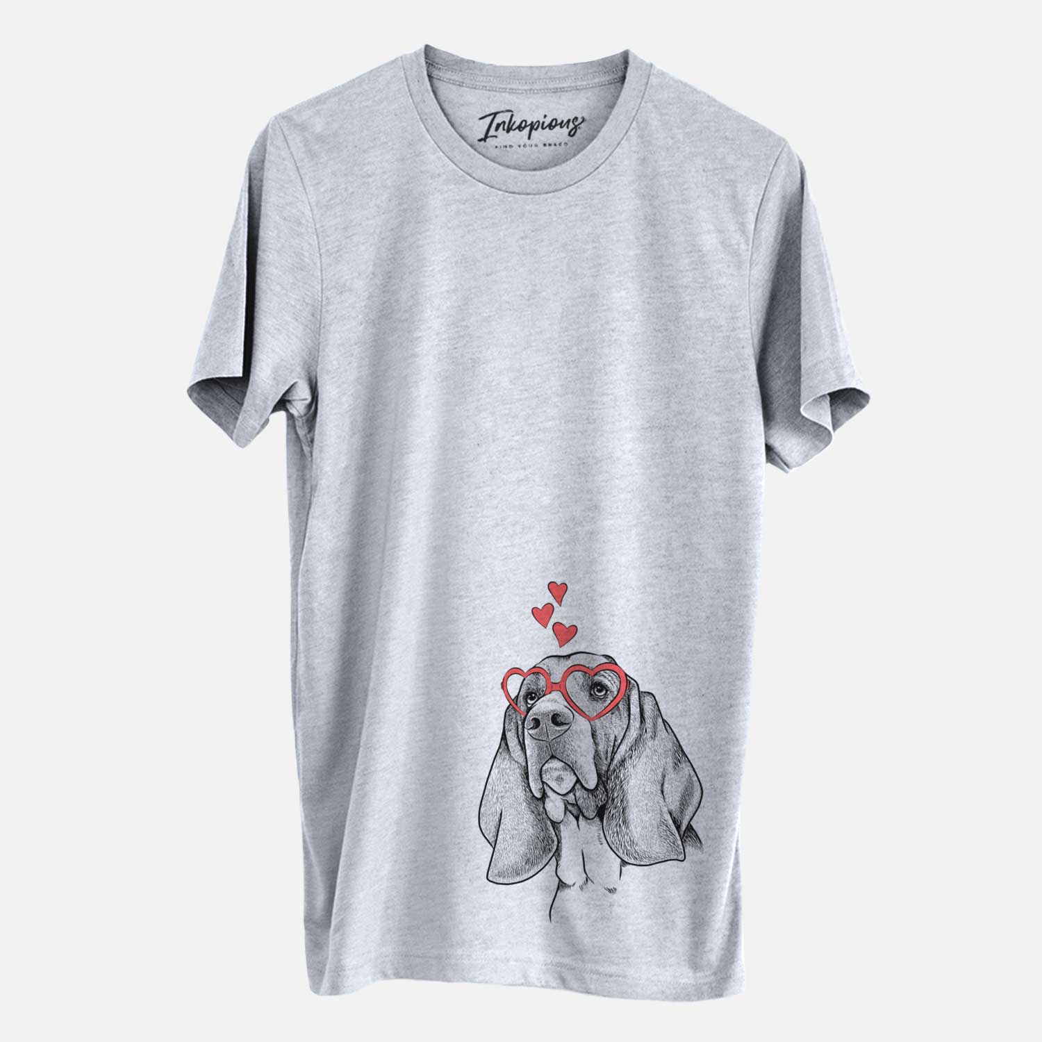 Hand-drawn sketch of Cooper the Basset Hound wearing heart-shaped glasses on a Grey Unisex crewneck
