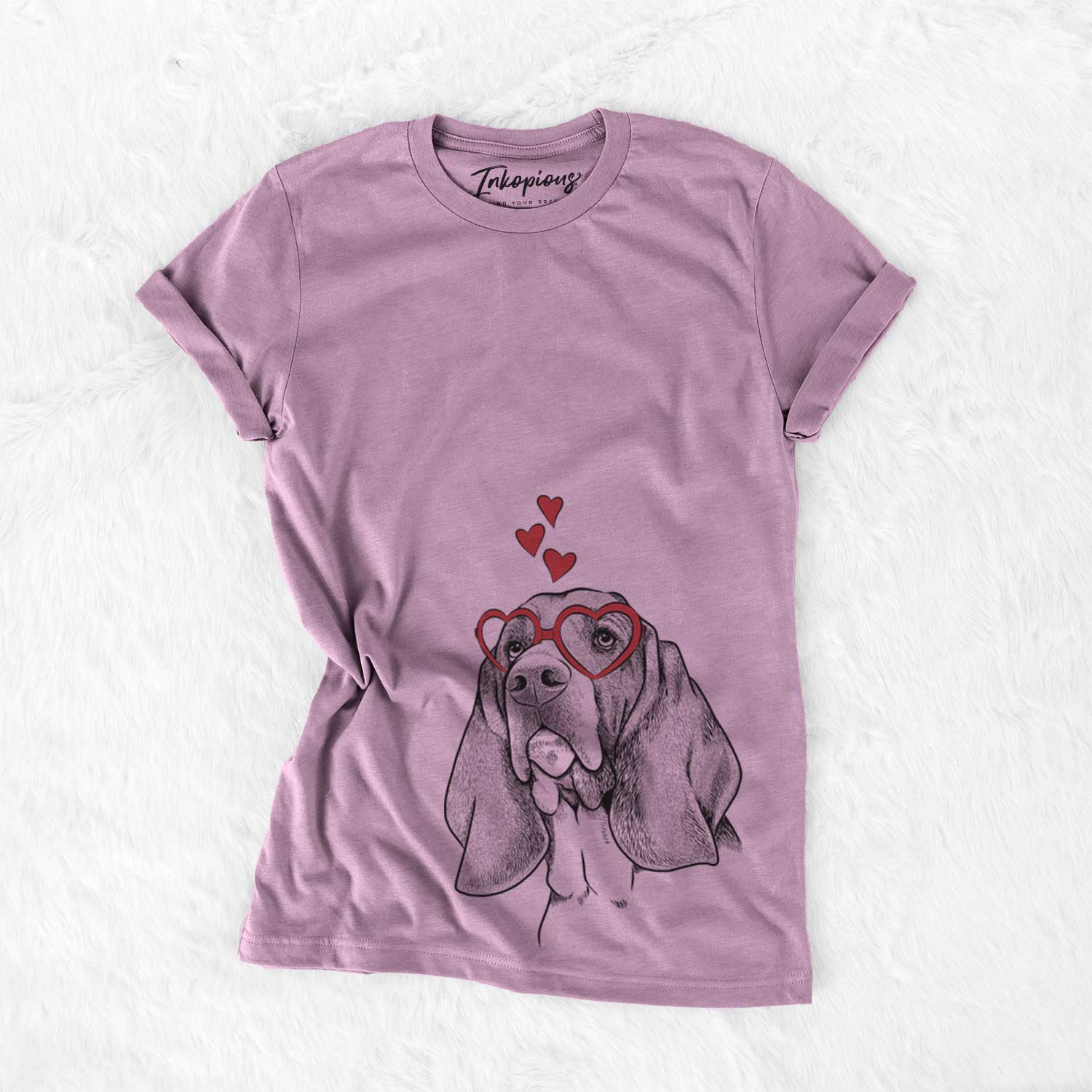 Hand-drawn sketch of Cooper the Basset Hound wearing heart-shaped glasses on an Orchid Bella Canvas Unisex Crewneck